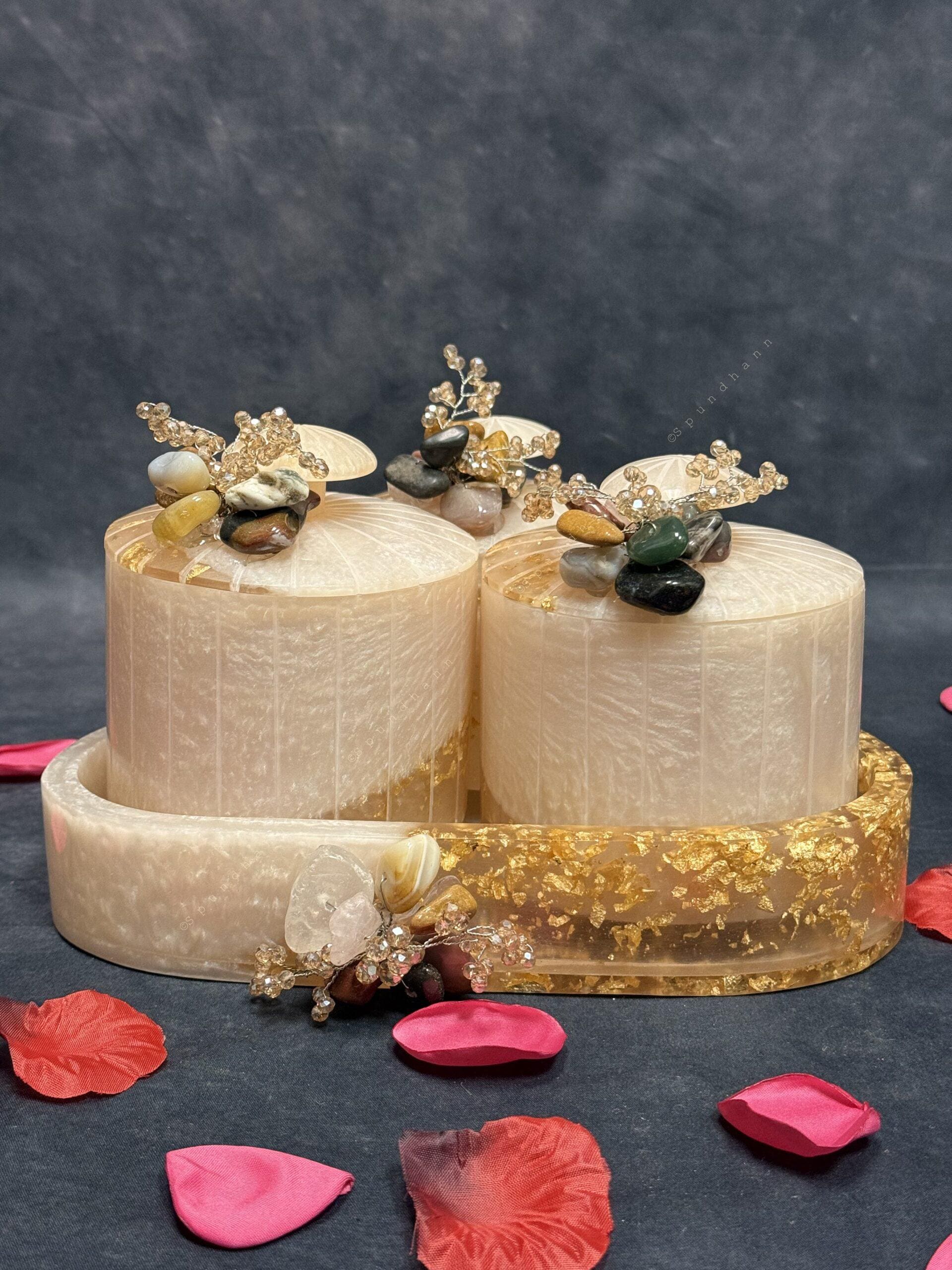 Elegant Stone-Adorned Jar Set with Tray Set of 3