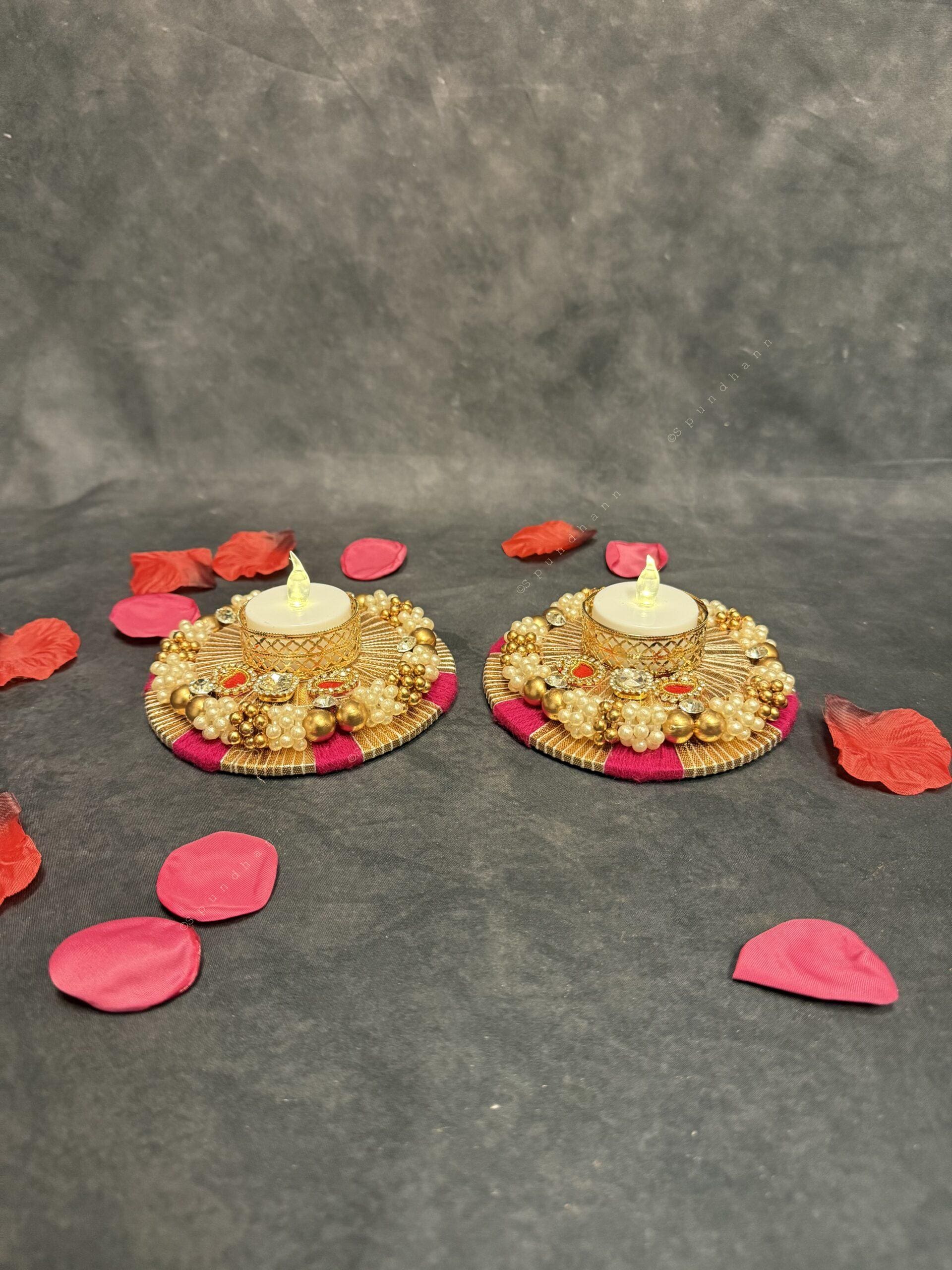 Traditional Decorative Tealight Holder Pearl & Kundan Work