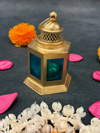 Golden Metal Lantern with Colored Glass Panels (Yellow, Blue, Red)