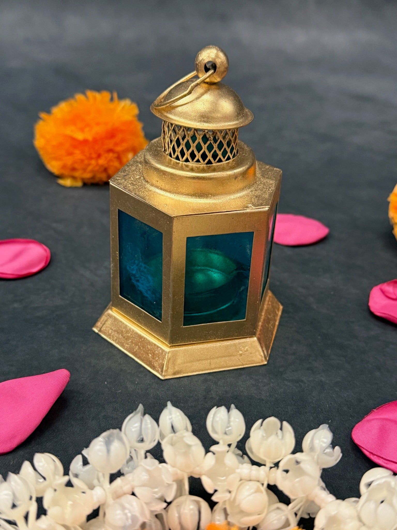 Golden Metal Lantern with Colored Glass Panels (Yellow, Blue, Red)