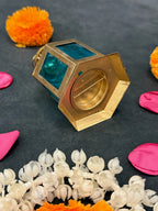 Golden Metal Lantern with Colored Glass Panels (Yellow, Blue, Red)