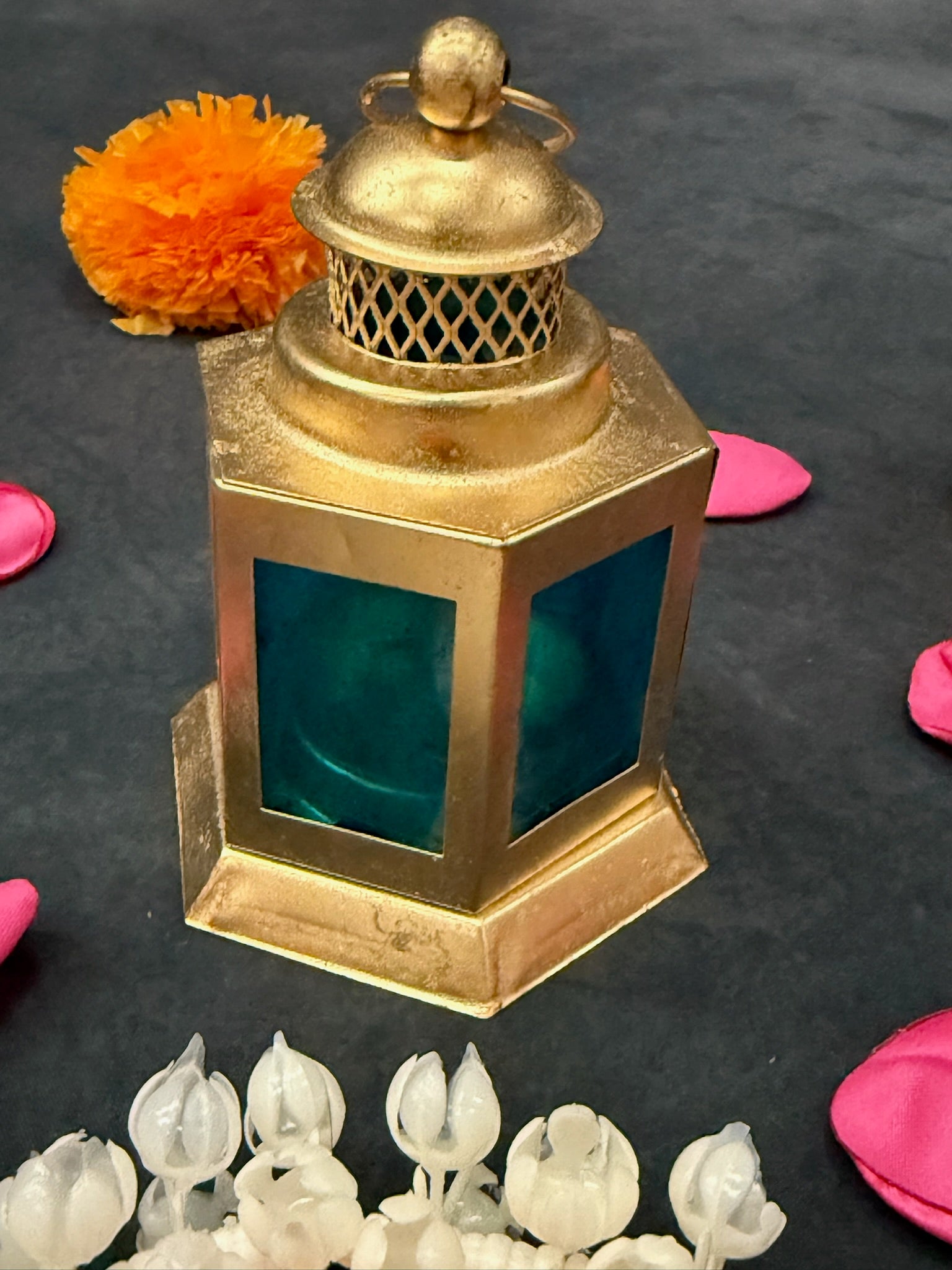 Golden Metal Lantern with Colored Glass Panels (Yellow, Blue, Red)