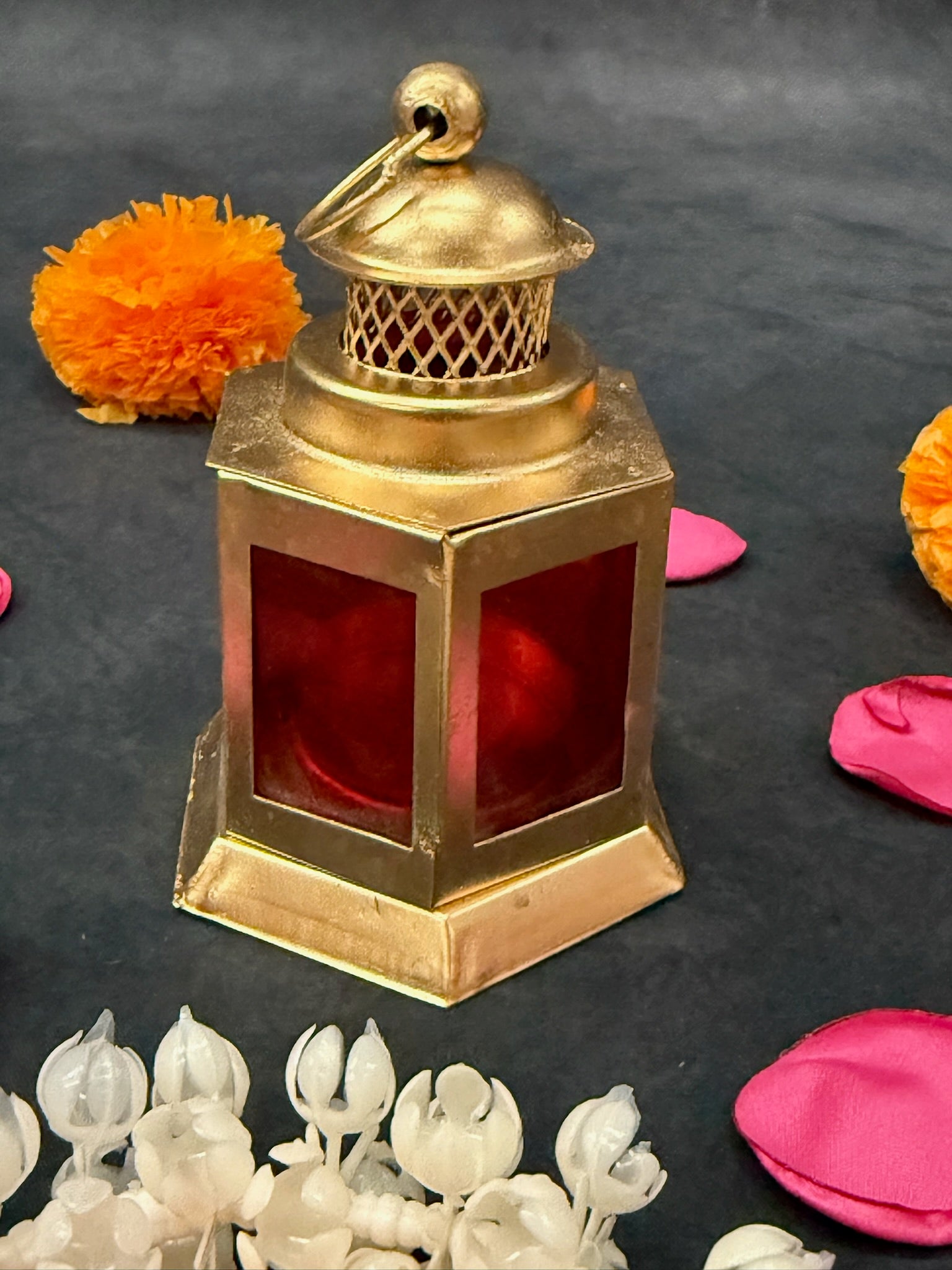Golden Metal Lantern with Colored Glass Panels (Yellow, Blue, Red)