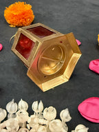 Golden Metal Lantern with Colored Glass Panels (Yellow, Blue, Red)