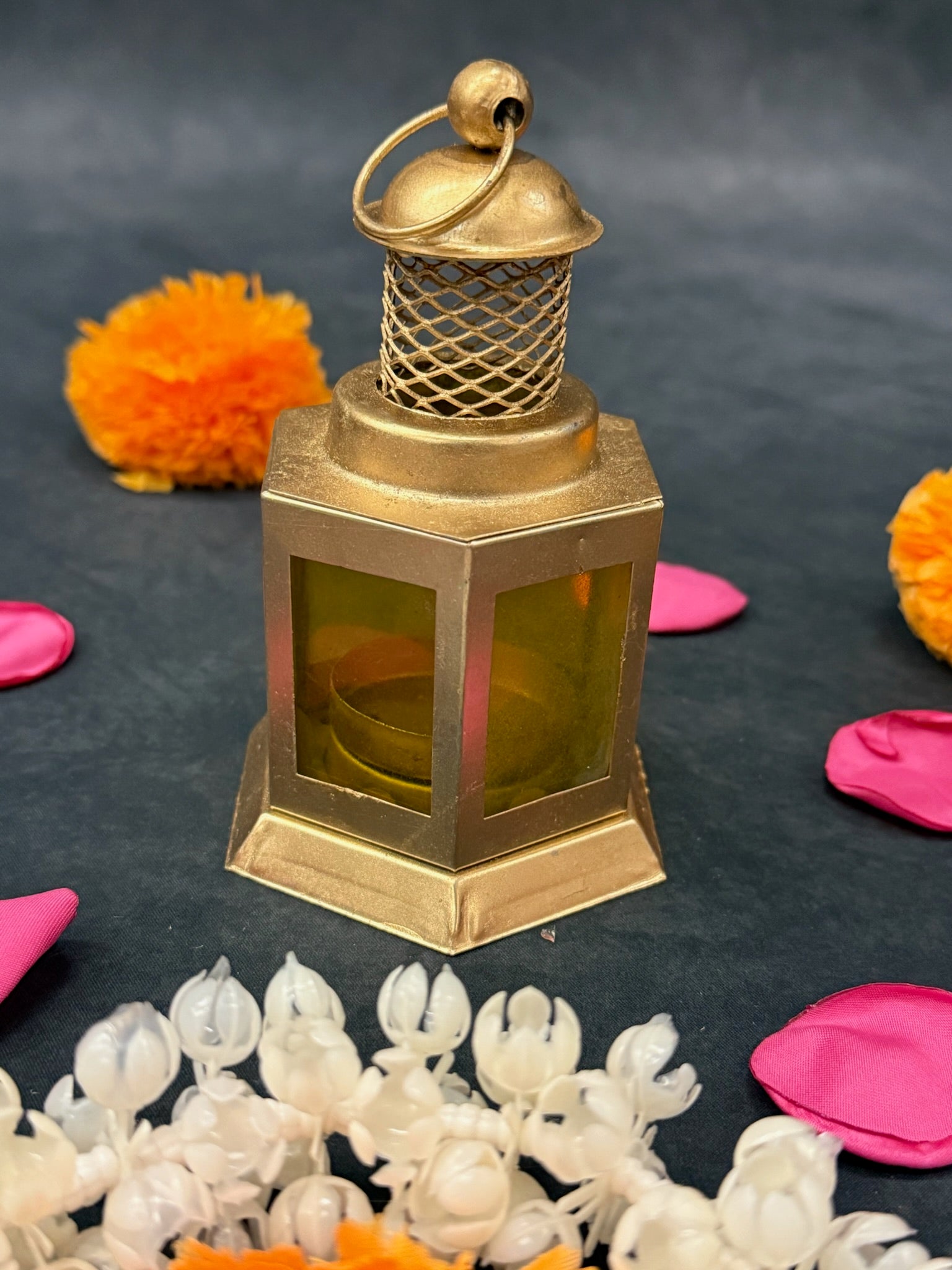 Golden Metal Lantern with Colored Glass Panels (Yellow, Blue, Red)