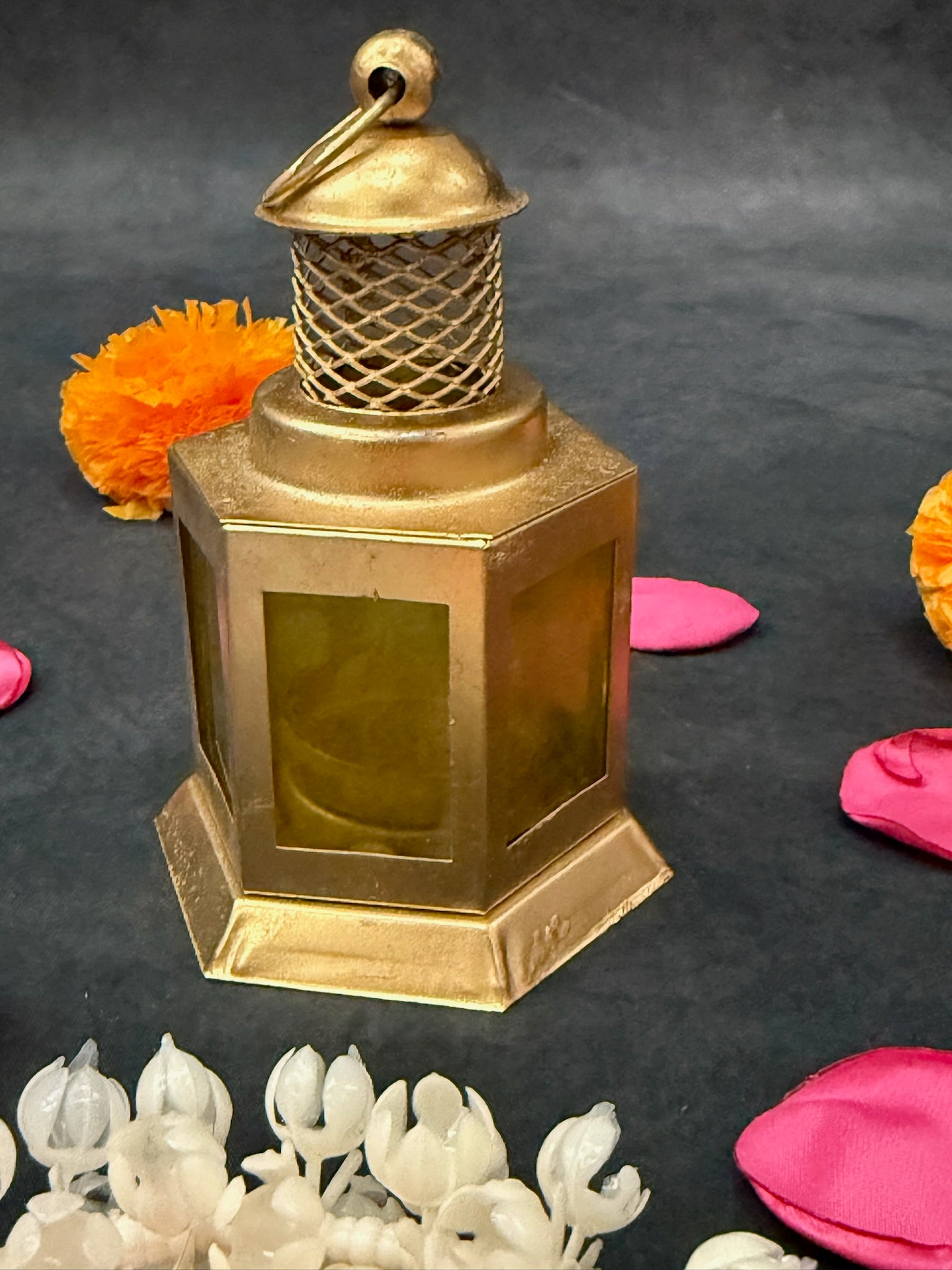 Golden Metal Lantern with Colored Glass Panels (Yellow, Blue, Red)