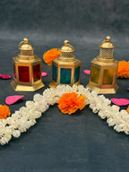 Golden Metal Lantern with Colored Glass Panels (Yellow, Blue, Red)