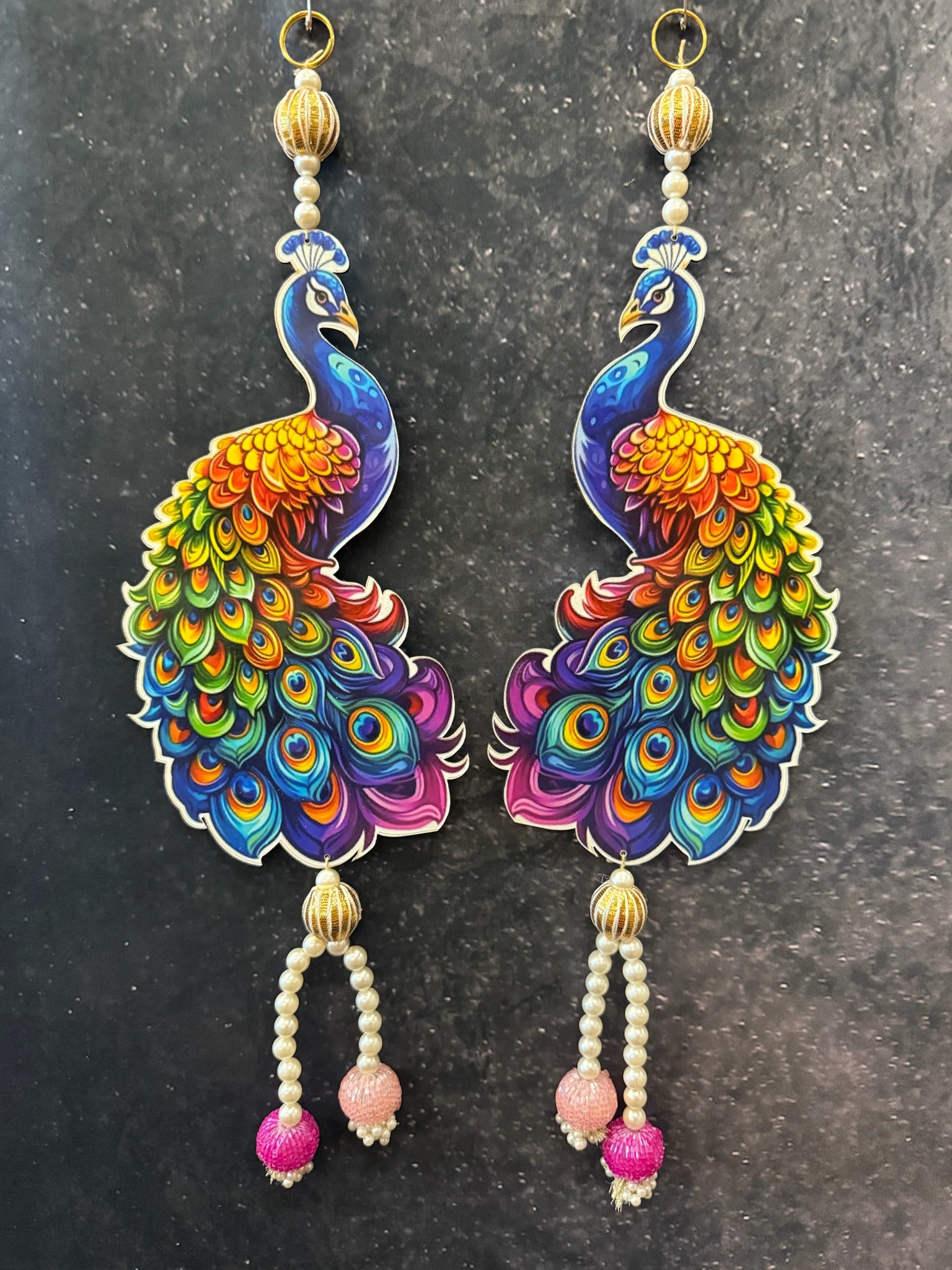 Peacock Hanging Pair with Pearl & Bead Tassels