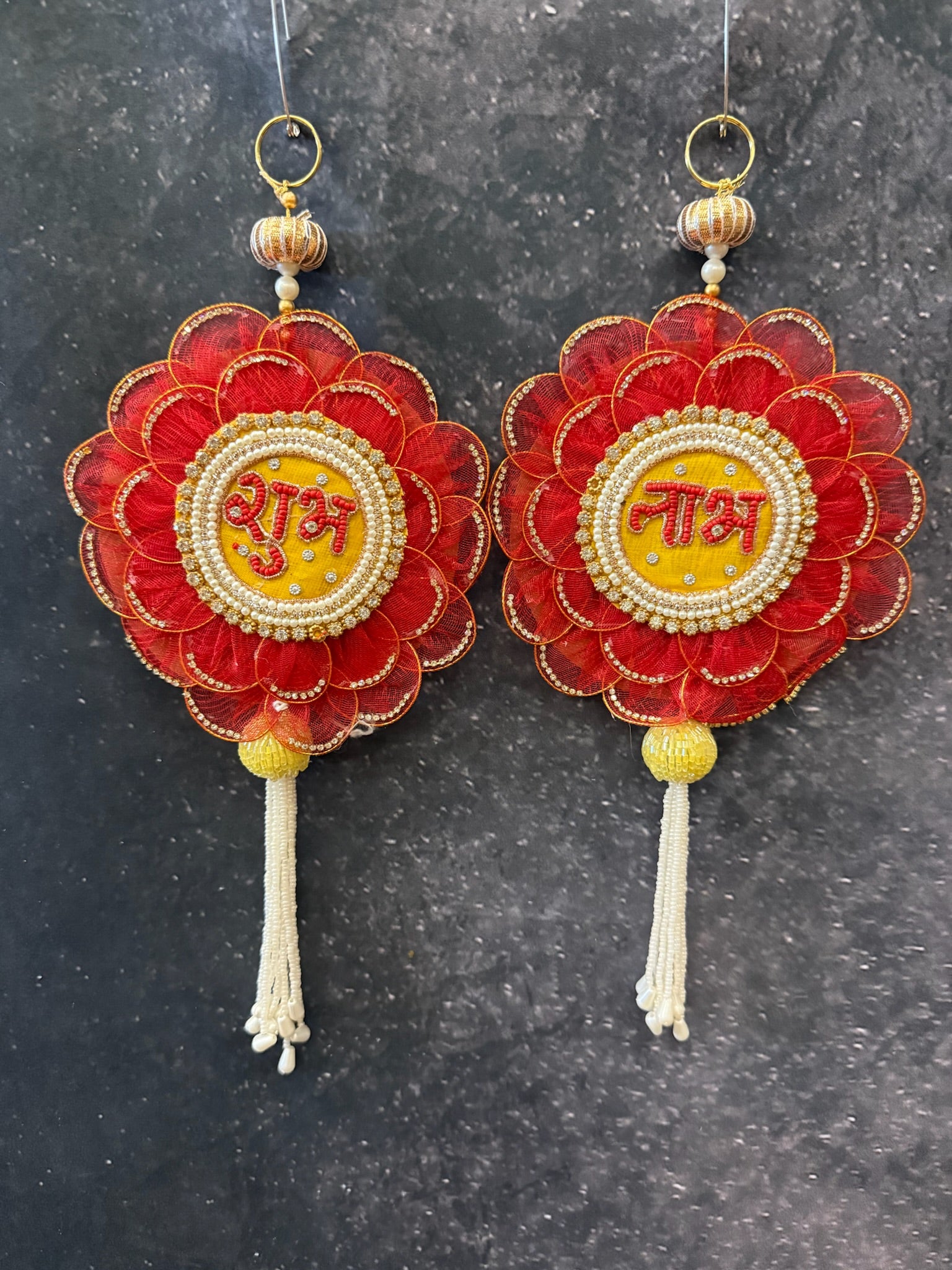 Shubh Labh with Pearl and Flower Hanging Pair