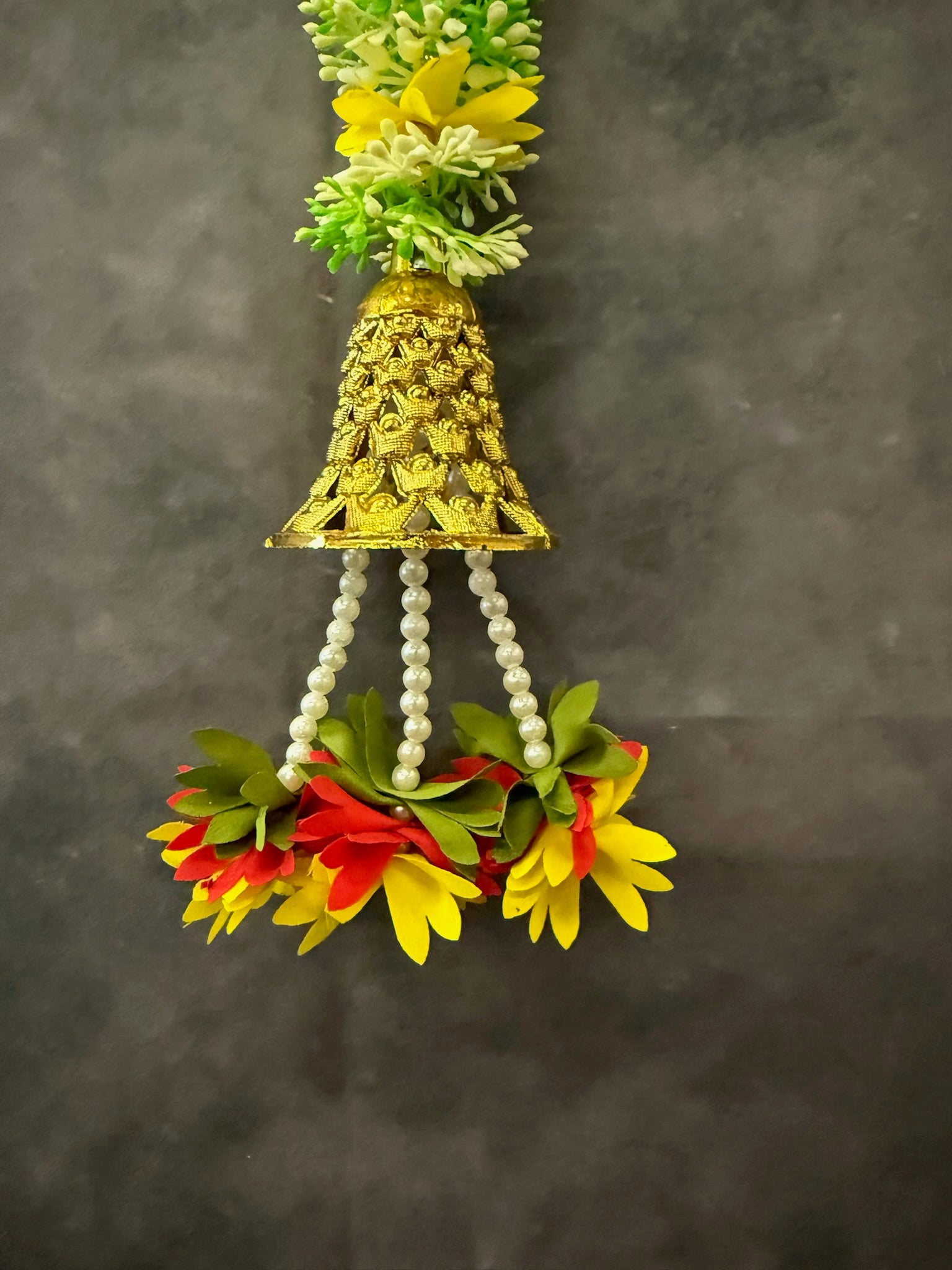 Floral Hanging with Gota Cones & Bell Green & Yellow