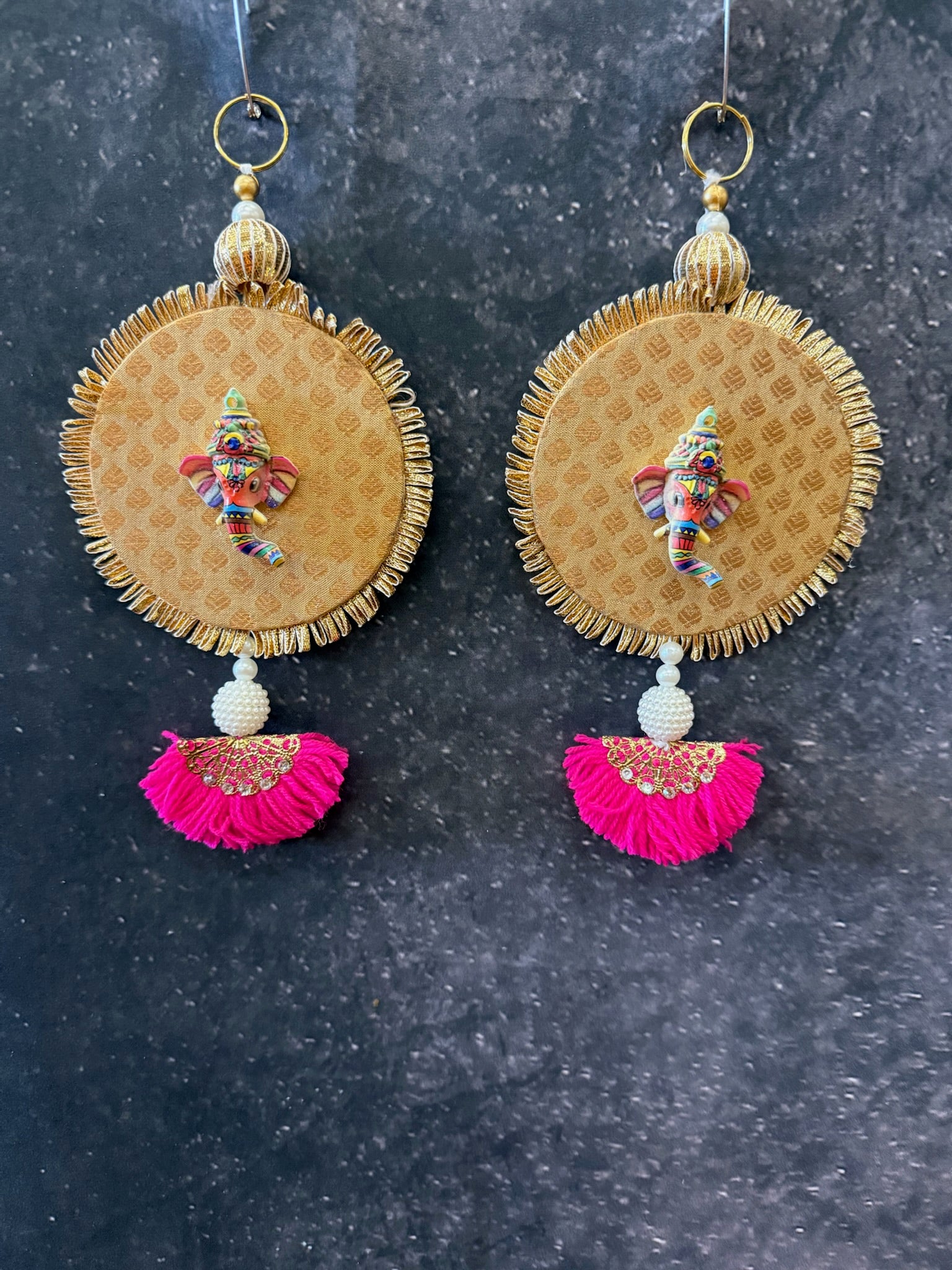 Ganesh Round Tassel Hanging Pair Golden & Pink