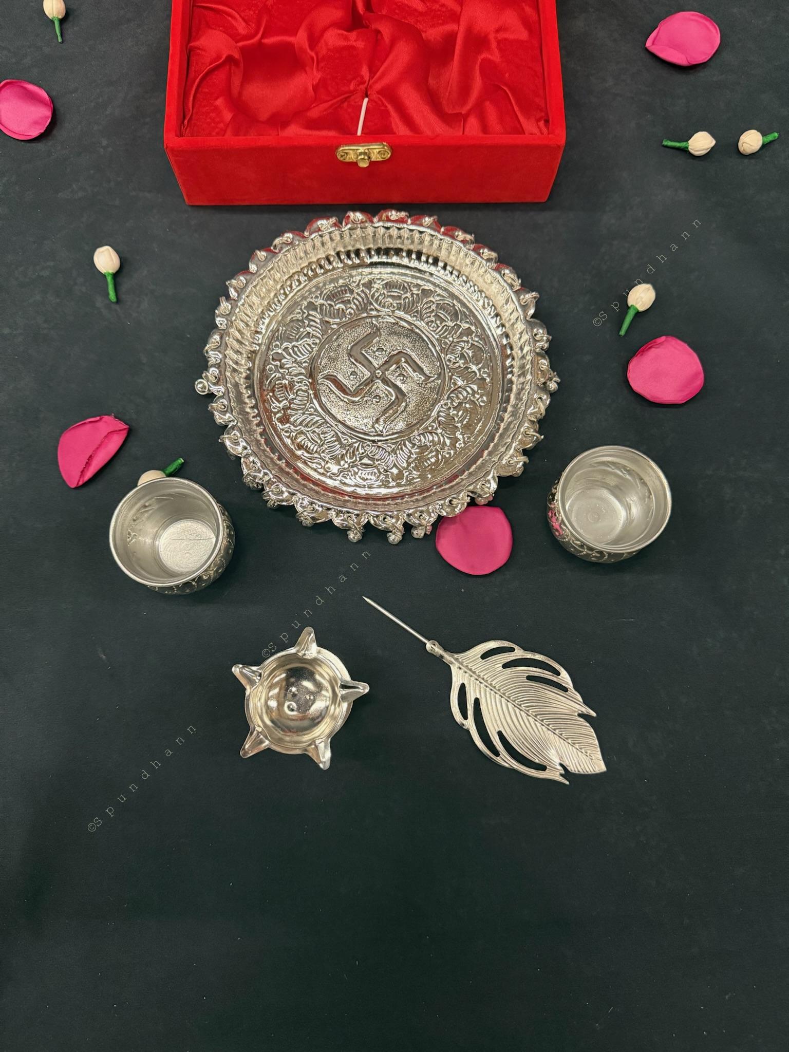 German Silver Decorative Pooja Thali Set in Gift Box