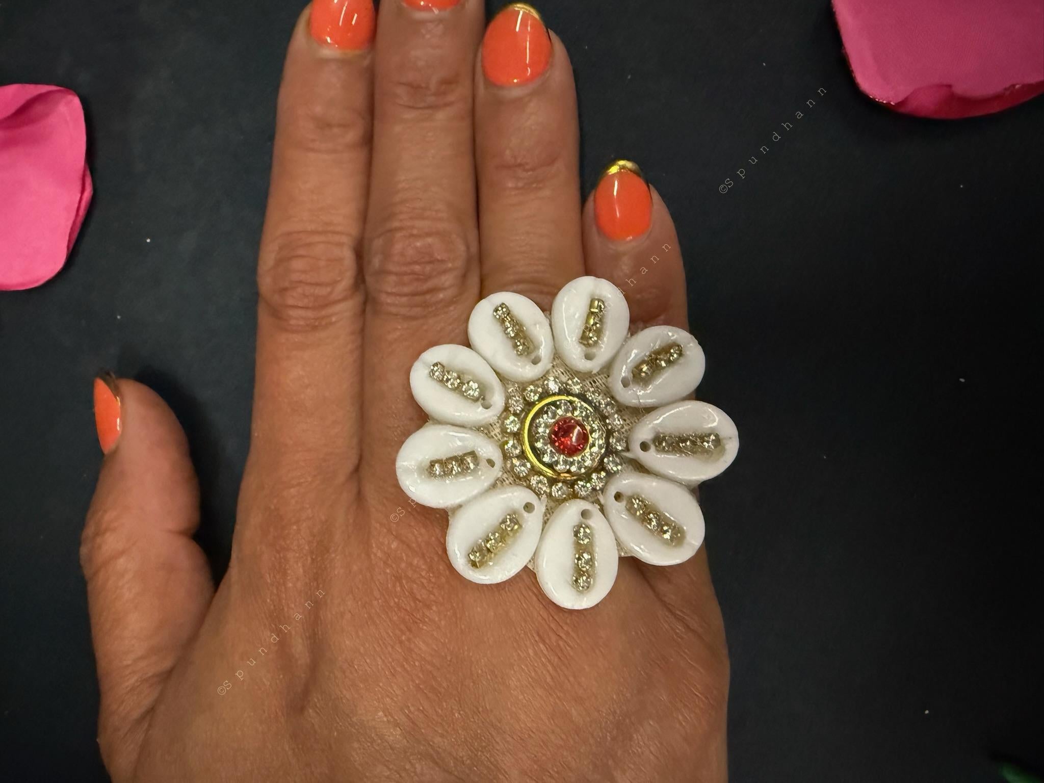 Elegant Shell Finger Ring with Crystal Studs