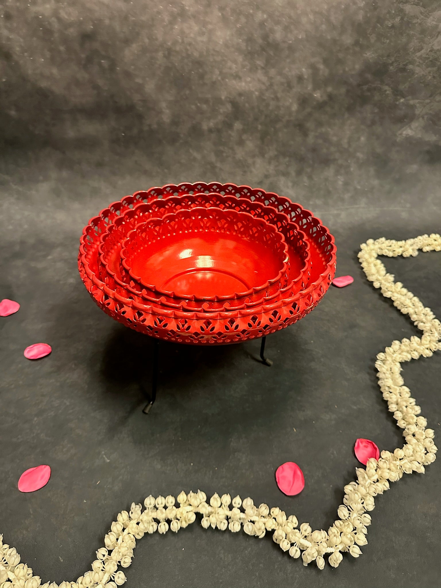 Red Cutwork Urli with Stand