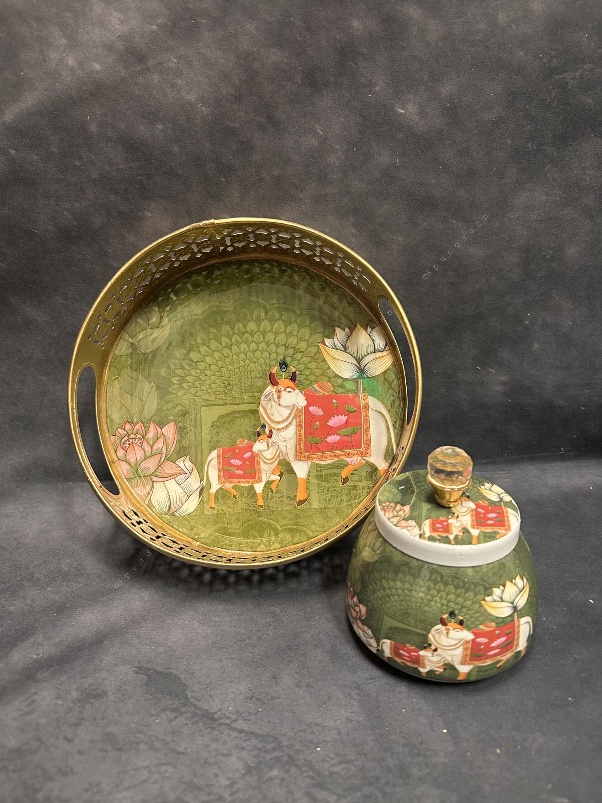 Circular Meenakari Tray and Canister With Pichwai Art (Set of 2)