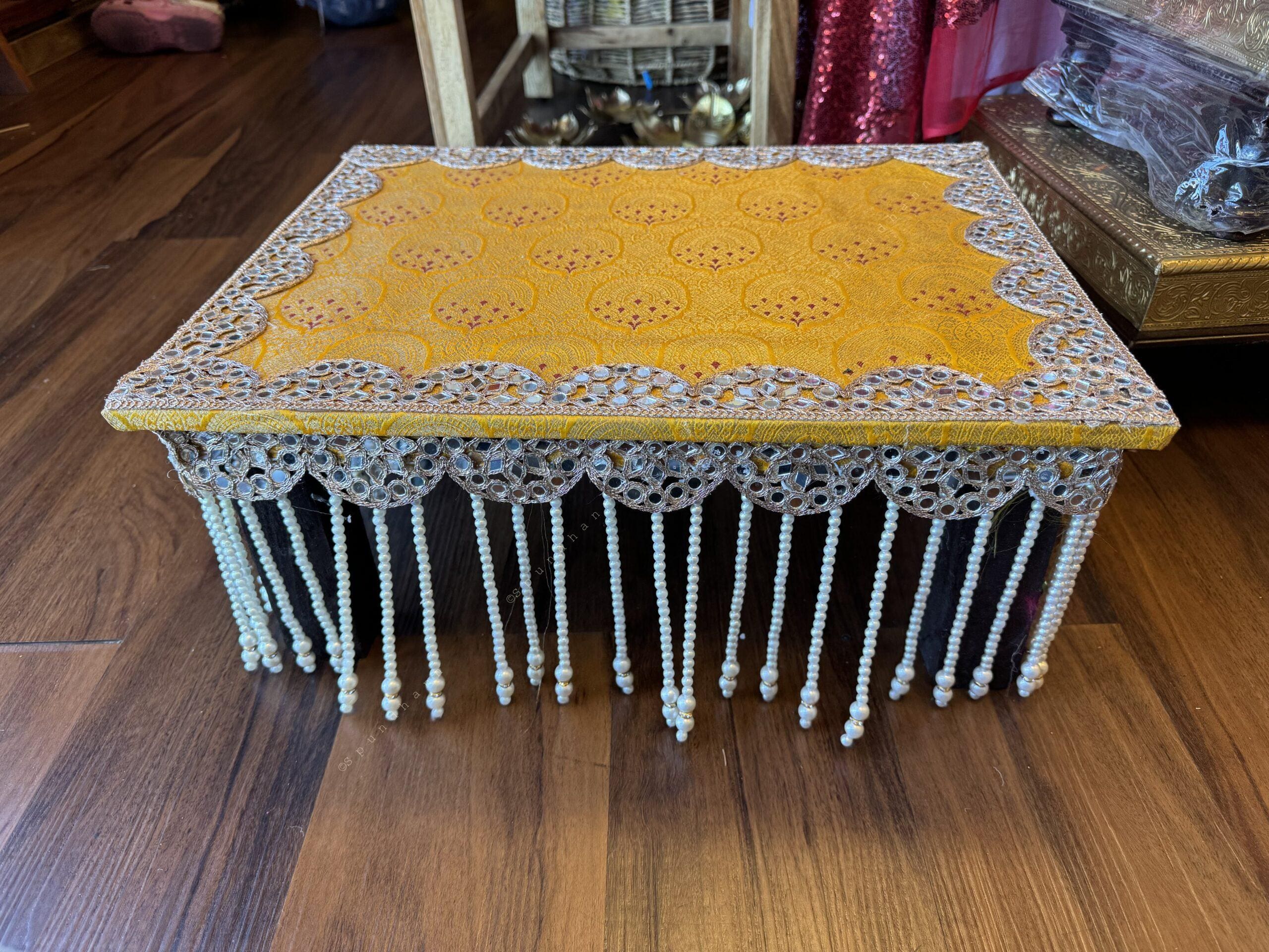 Wooden Chowki Stool With Pearl Hanging and Mirror