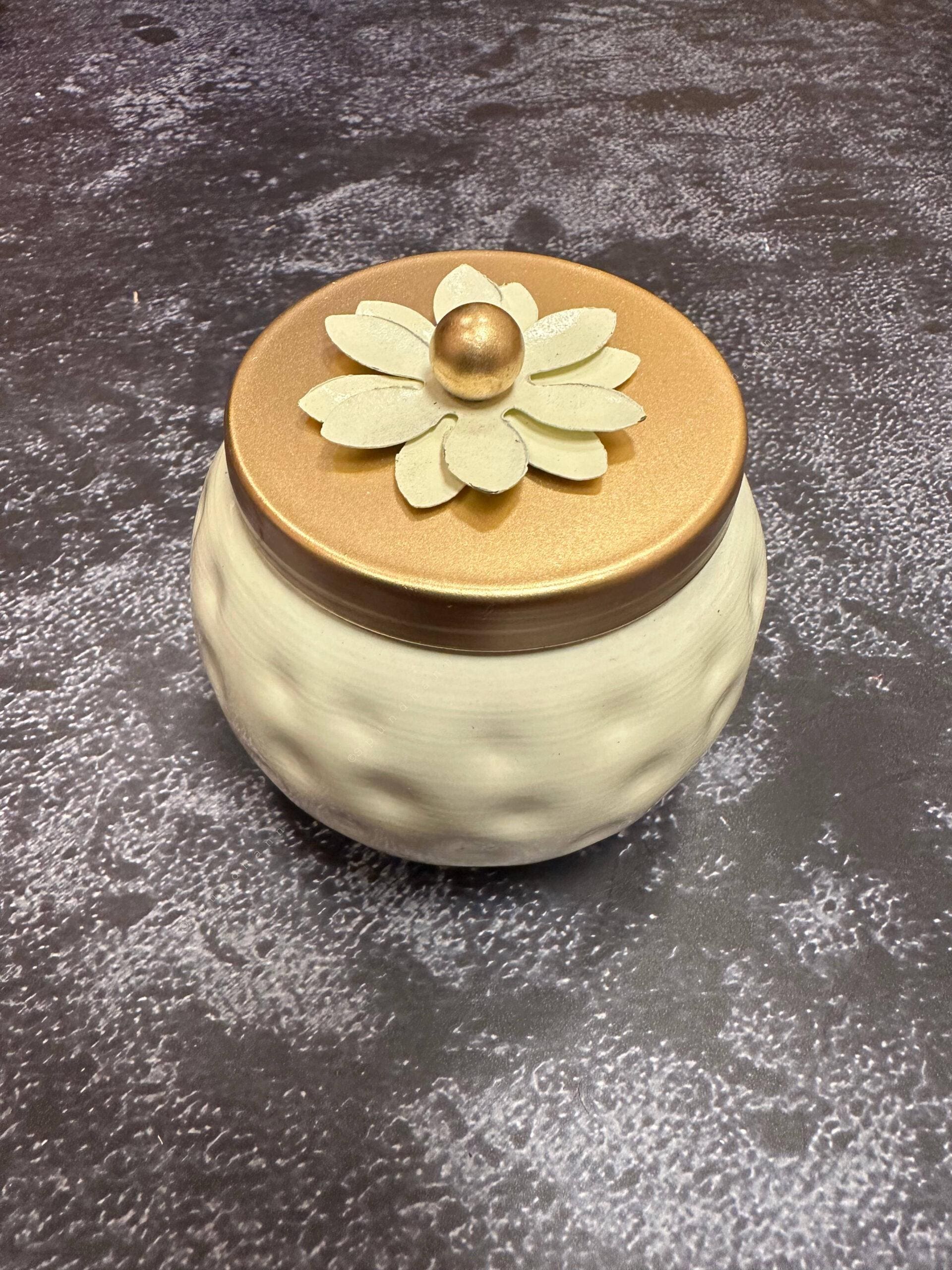 Small White Matka Canister and Gold Flower Lid