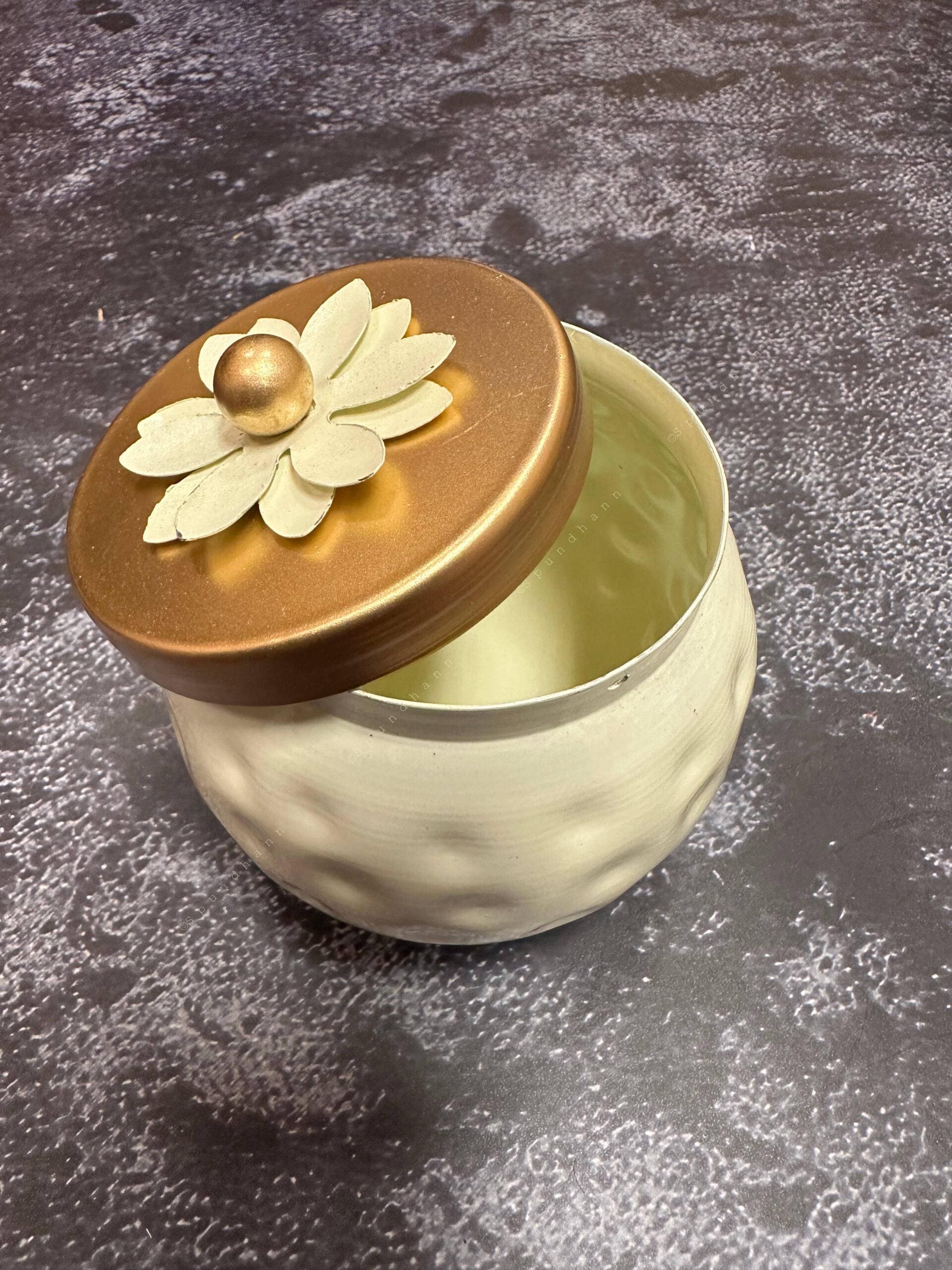 Small White Matka Canister and Gold Flower Lid