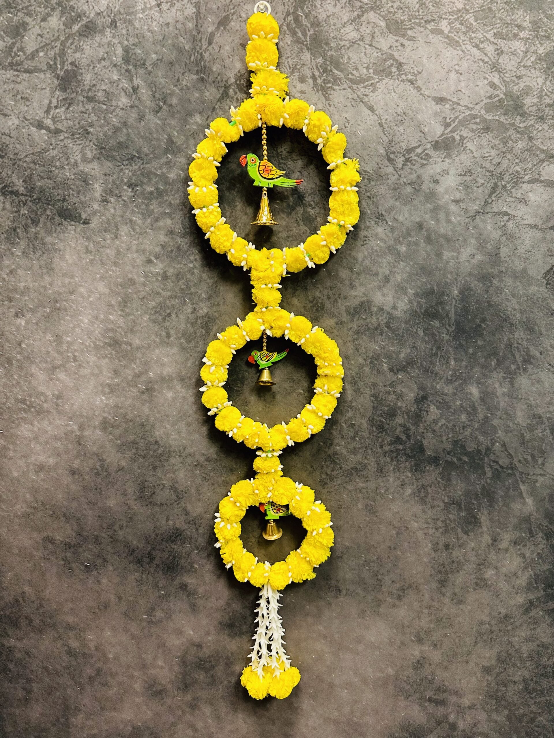 3 Marigold Wreath with Wooden Parrot & Rajnigandha Bud Strings