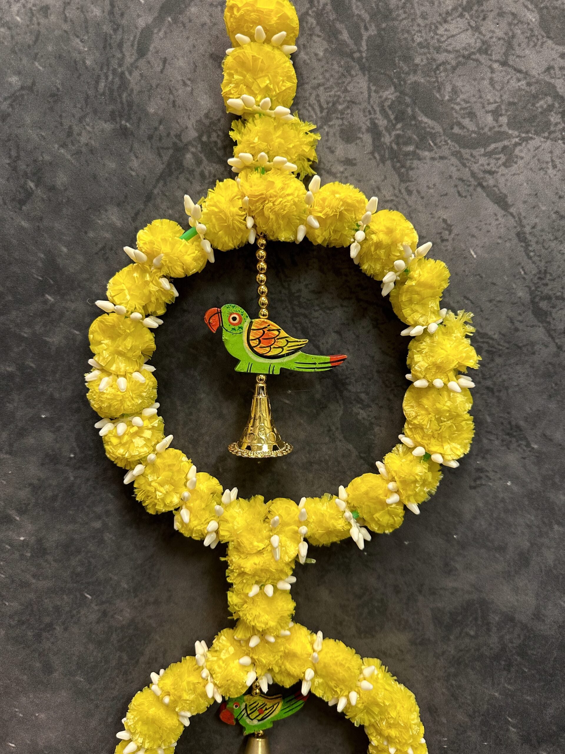 3 Marigold Wreath with Wooden Parrot & Rajnigandha Bud Strings