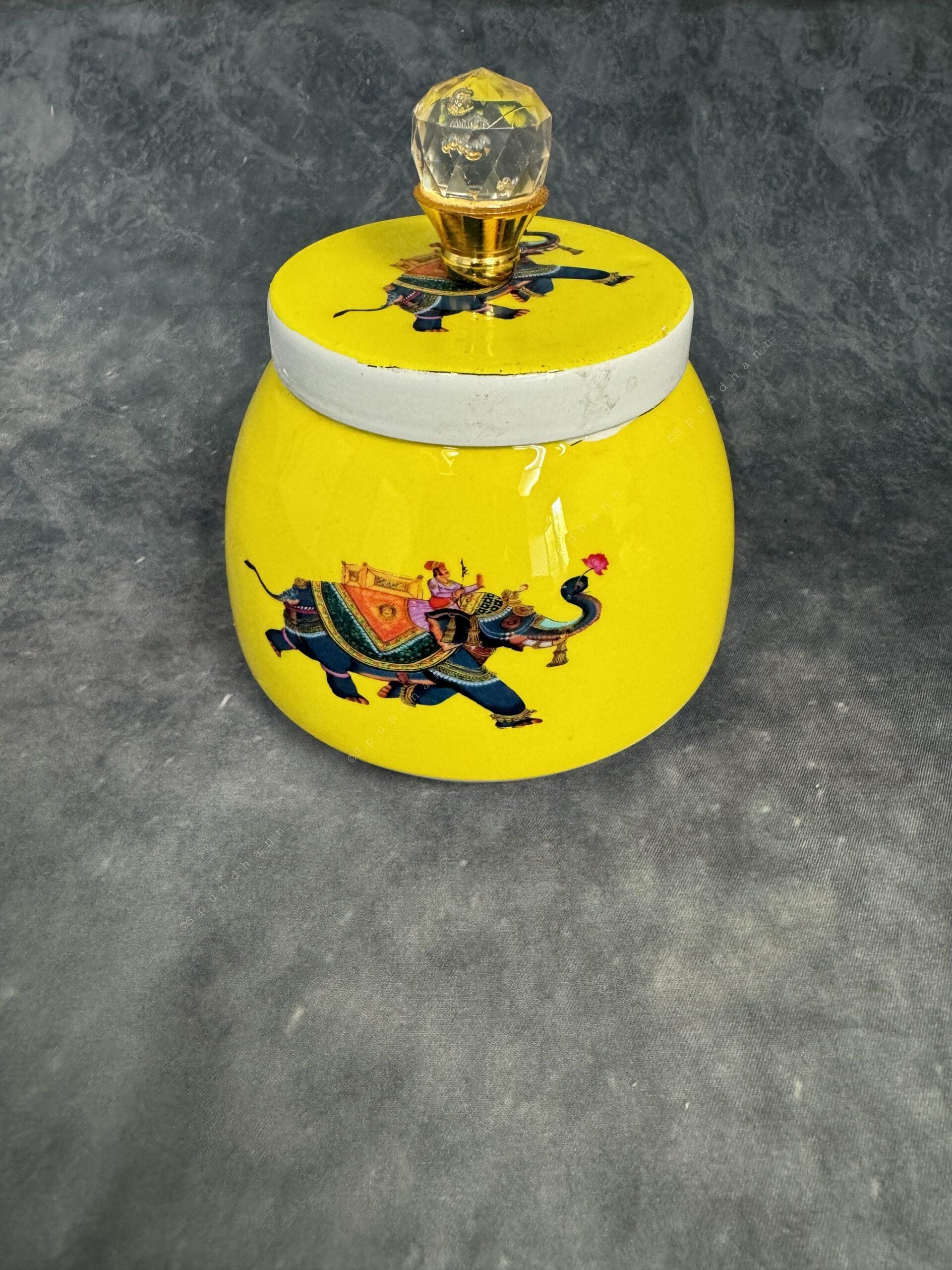 Elephant Matka Canister (Yellow) and Gold Crystal Lid