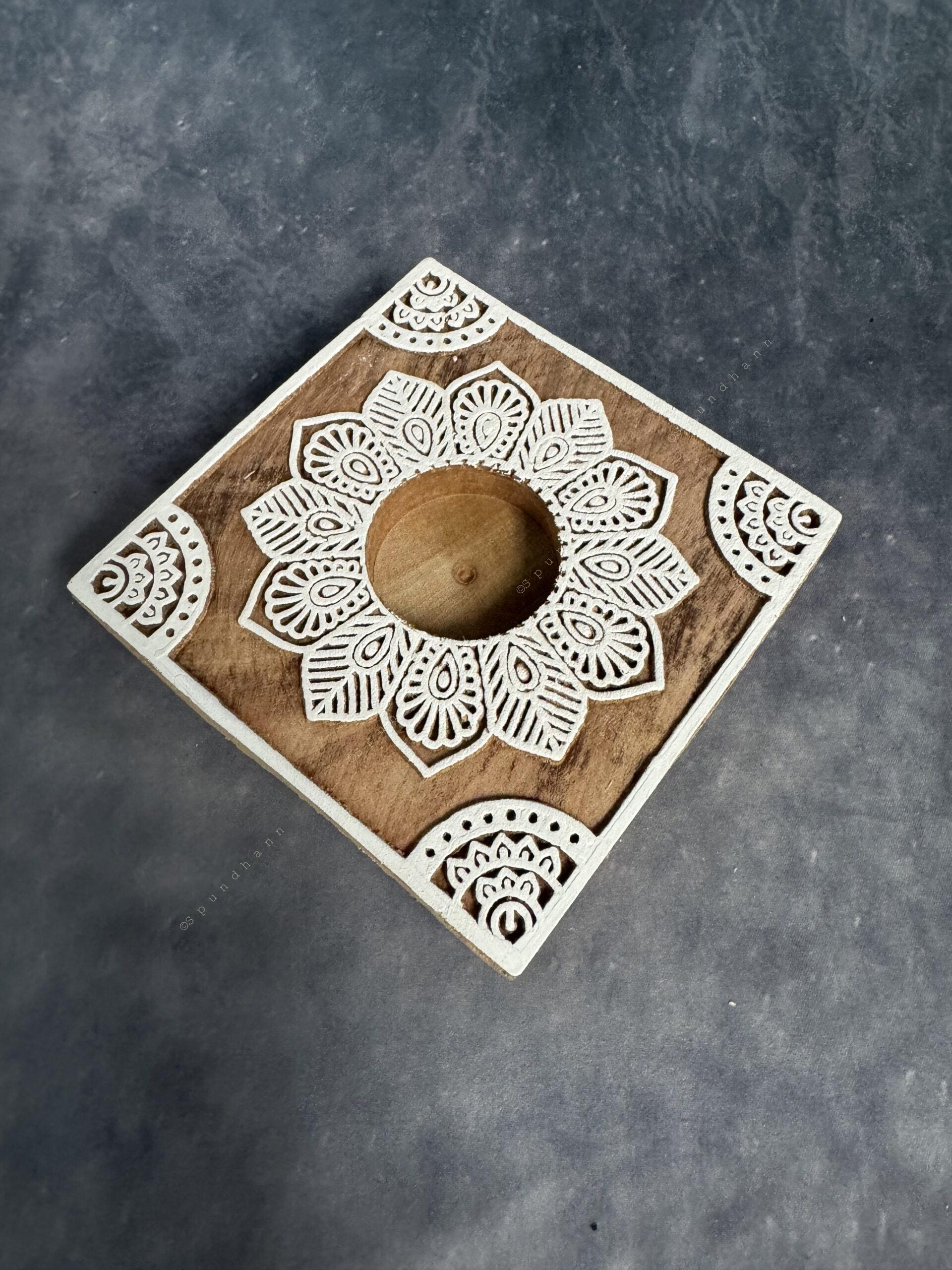 Square Warli Art Carved Wooden Block Tea Light Holder