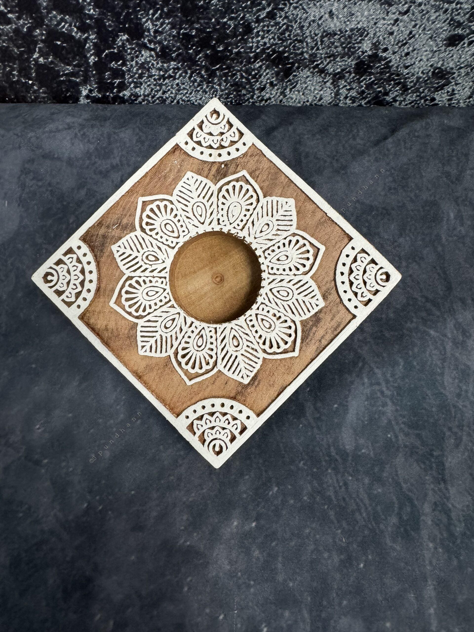 Square Warli Art Carved Wooden Block Tea Light Holder