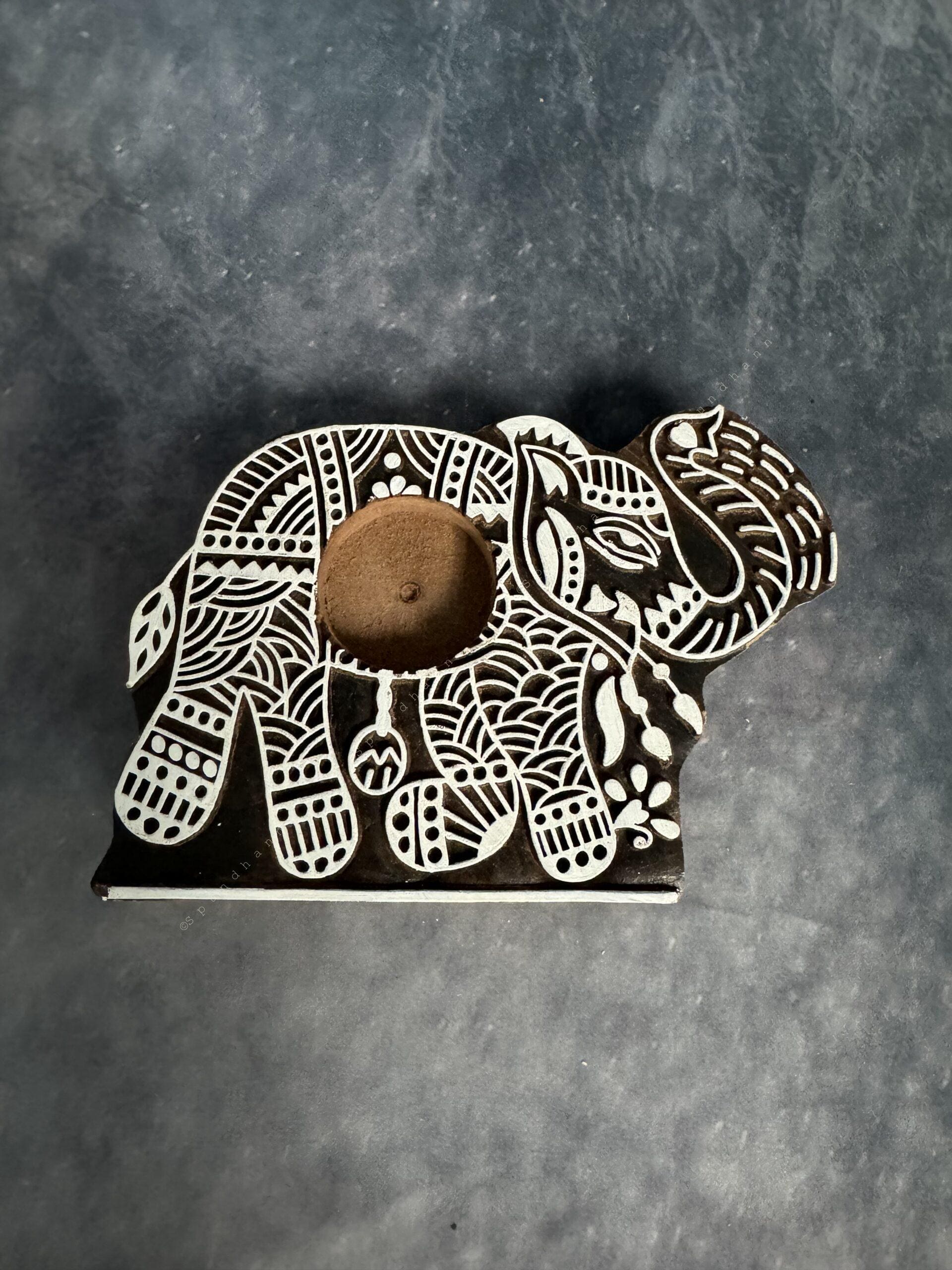 Elephant Warli Art Carved Wooden Block Tea Light Holder