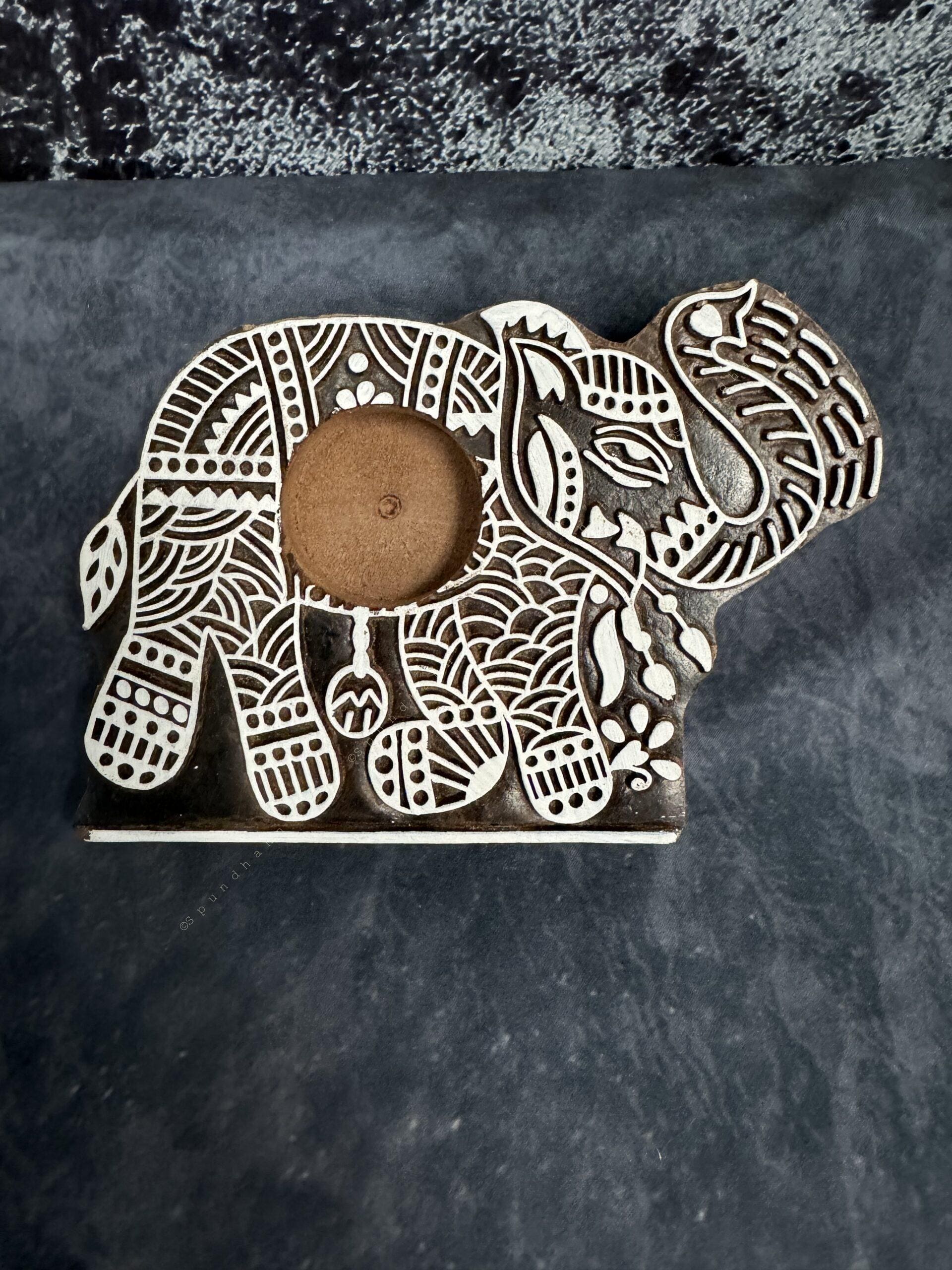 Elephant Warli Art Carved Wooden Block Tea Light Holder
