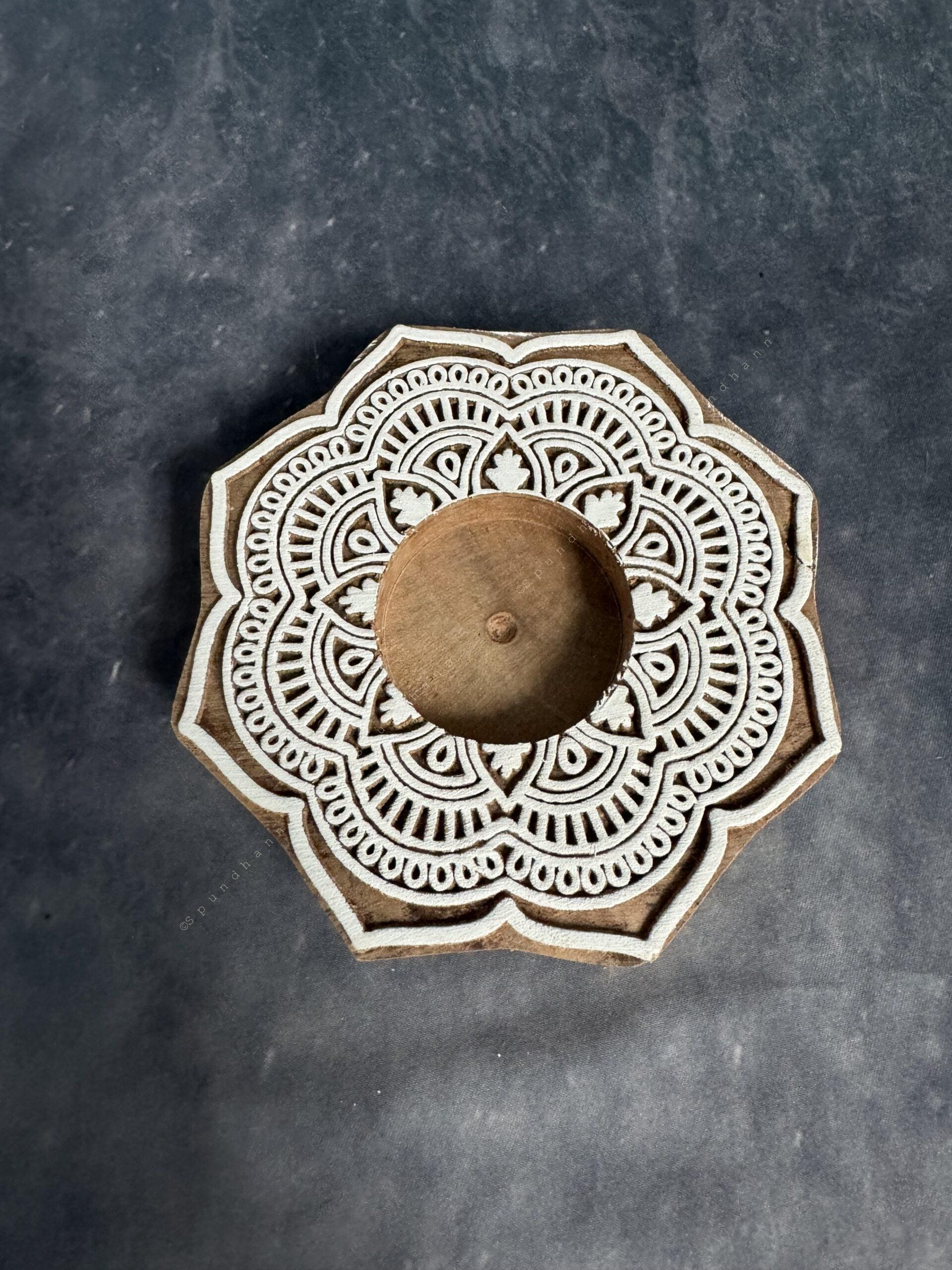 Floral Warli Art Carved Wooden Block Tea Light Holder