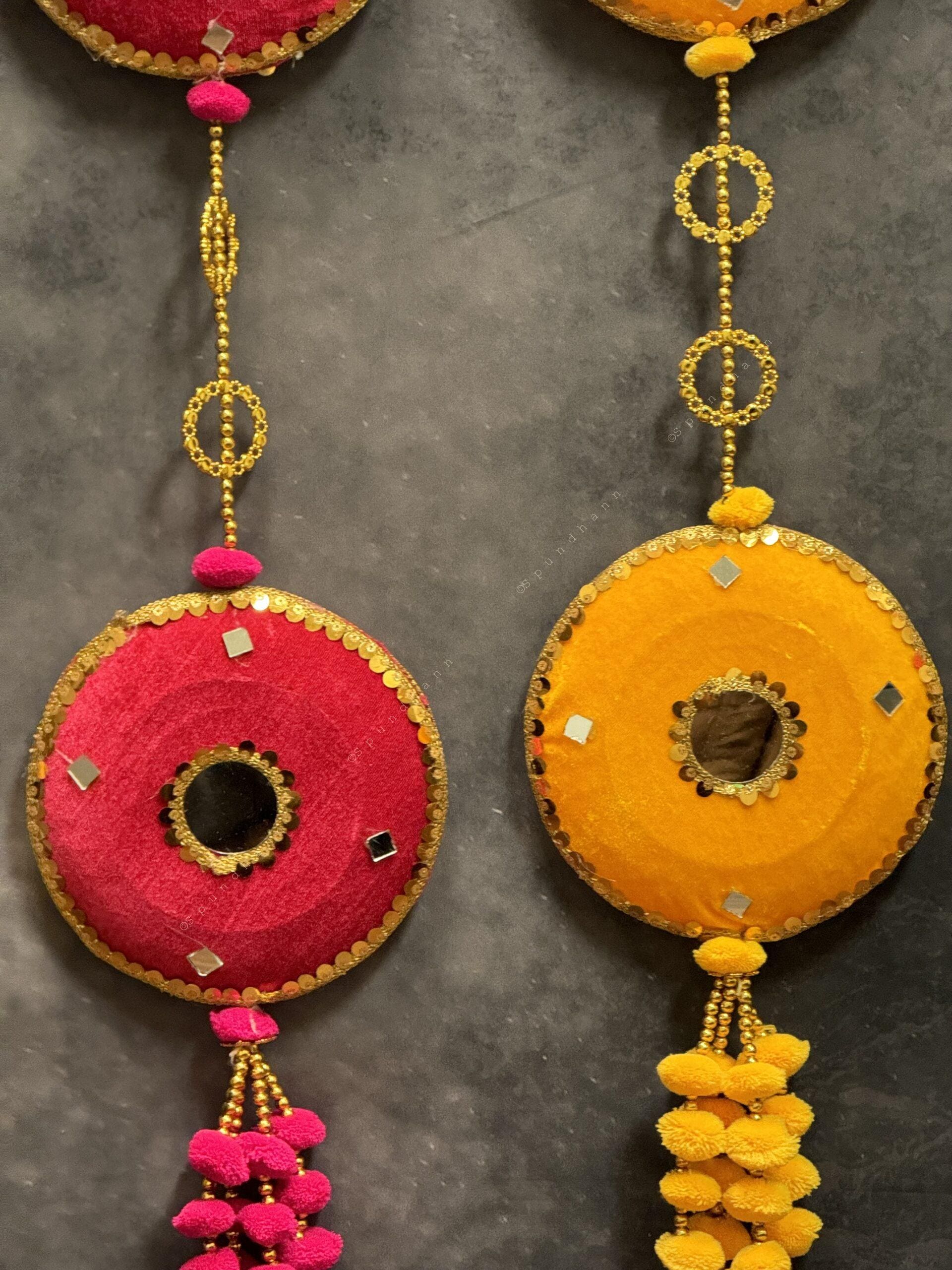 Large Disc & Pom Pom Dangler with Mirror Pair