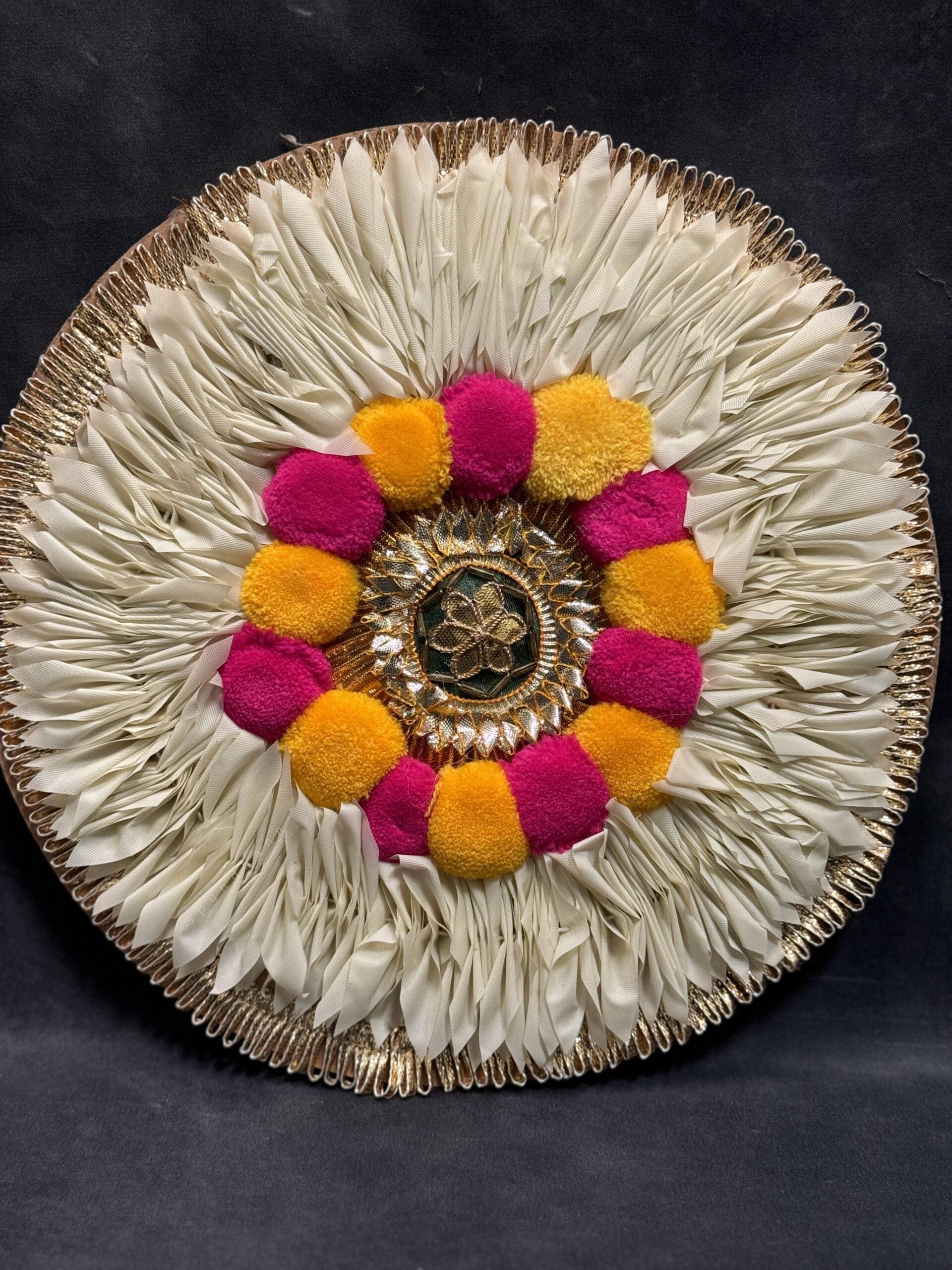 Chameli & Pom pom Circular Flower Placemat Mat with Wood Base