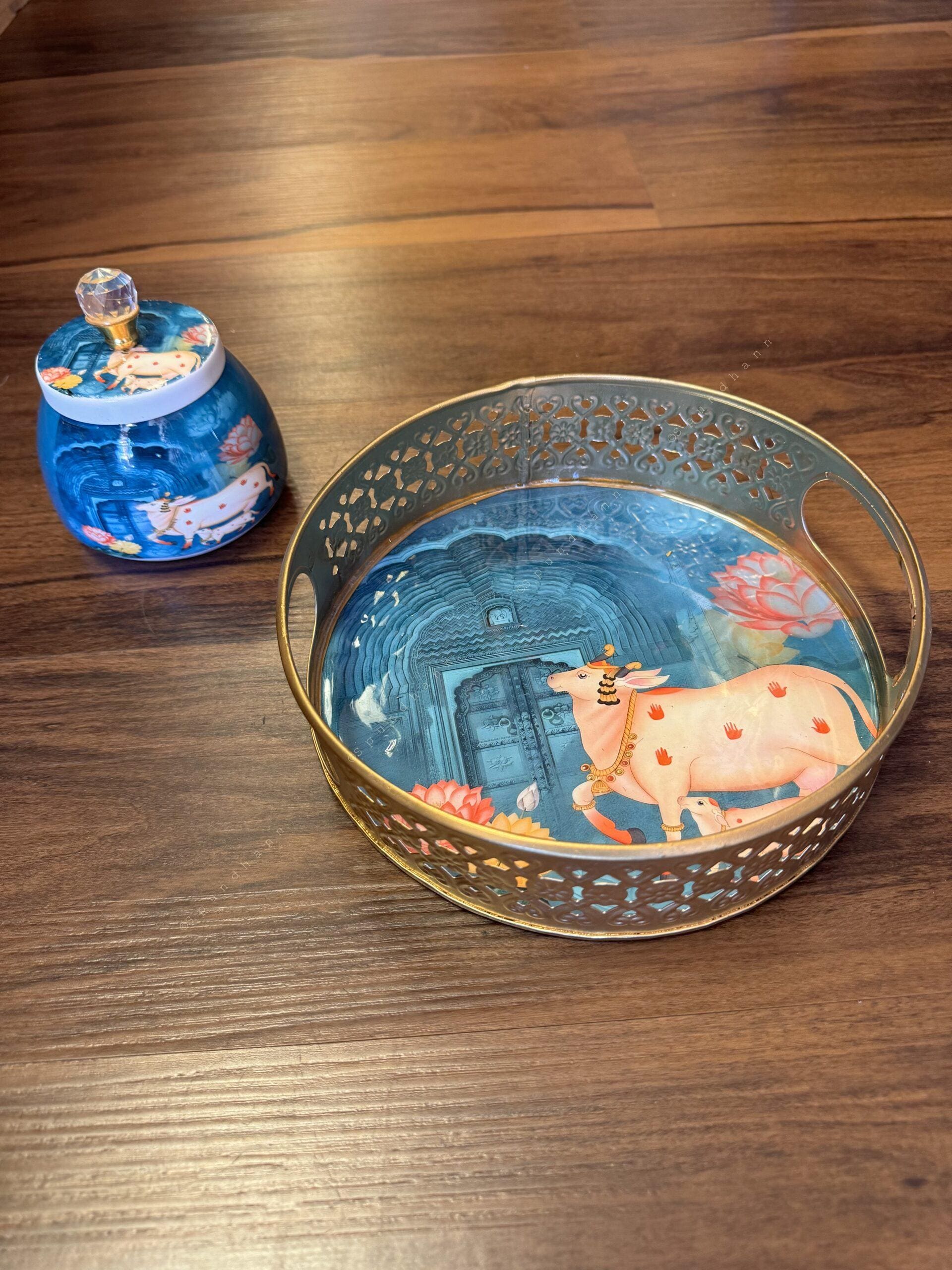 Circular Meenakari Tray and Canister With Pichwai Art (Set of 2)
