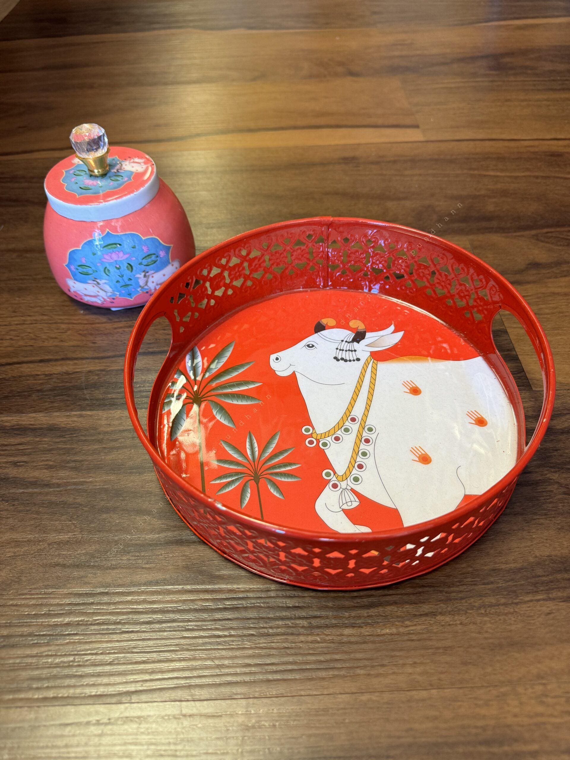 Circular Meenakari Tray and Canister With Pichwai Art (Set of 2)