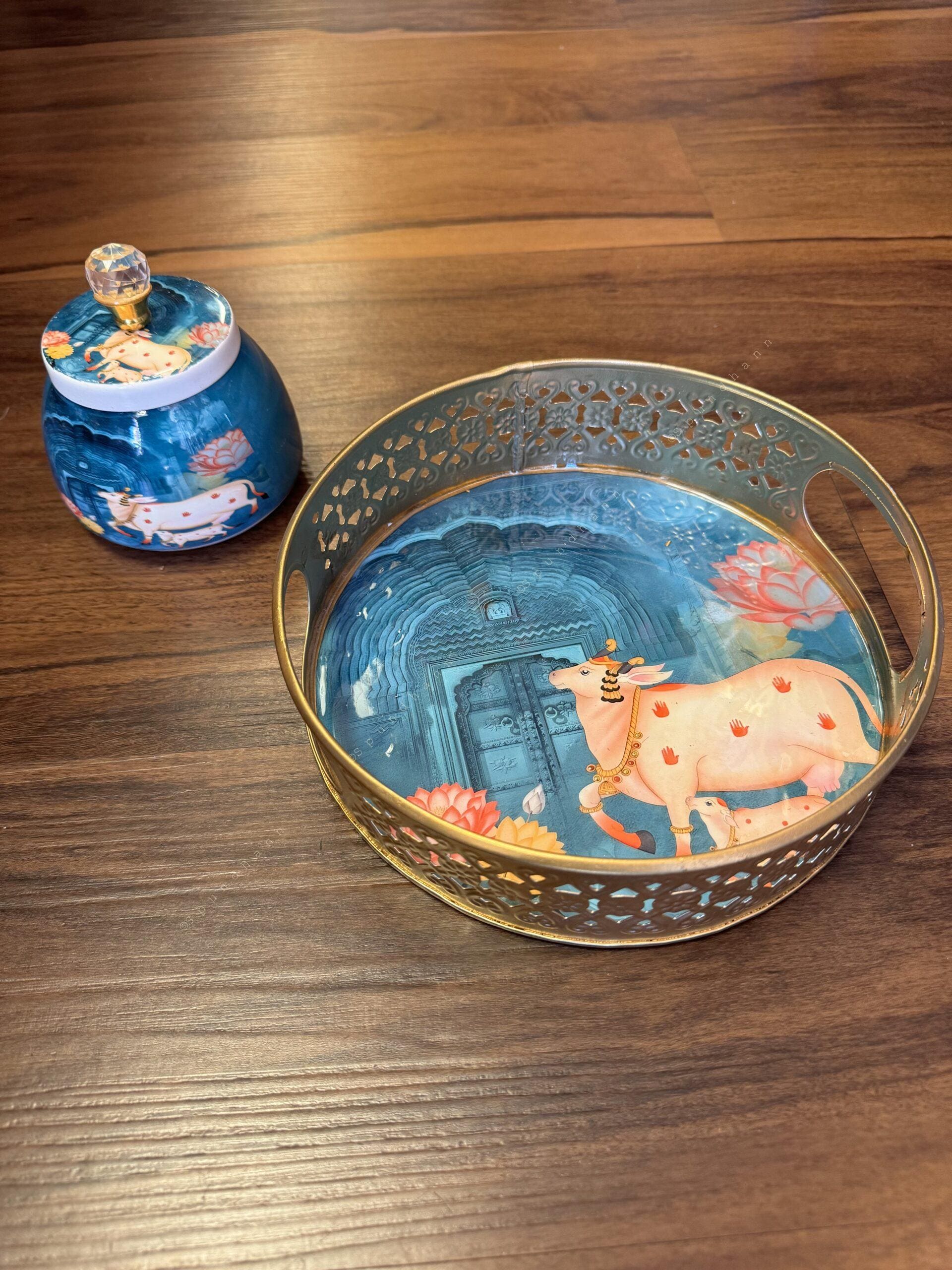 Circular Meenakari Tray and Canister With Pichwai Art (Set of 2)