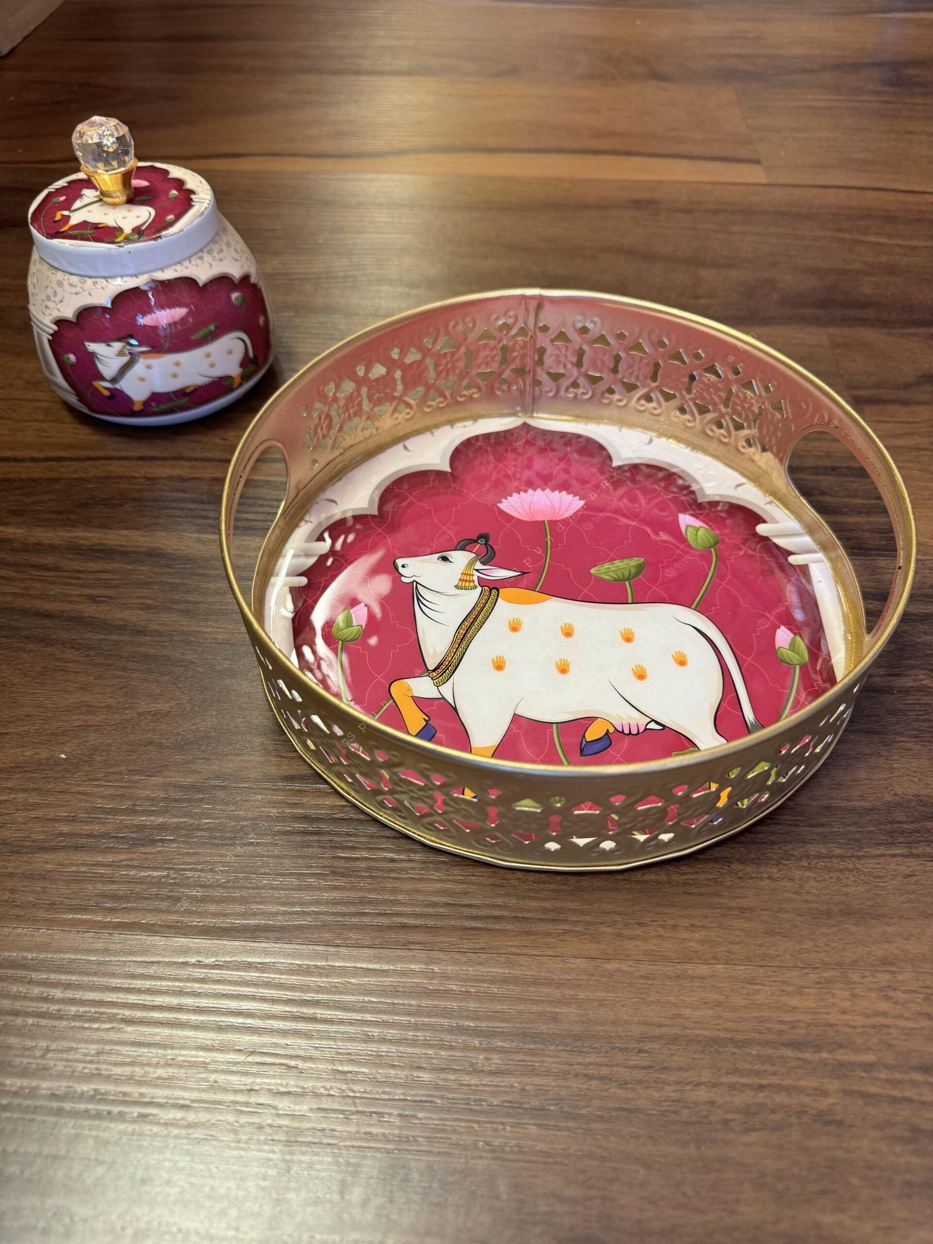 Circular Meenakari Tray and Canister With Pichwai Art (Set of 2)