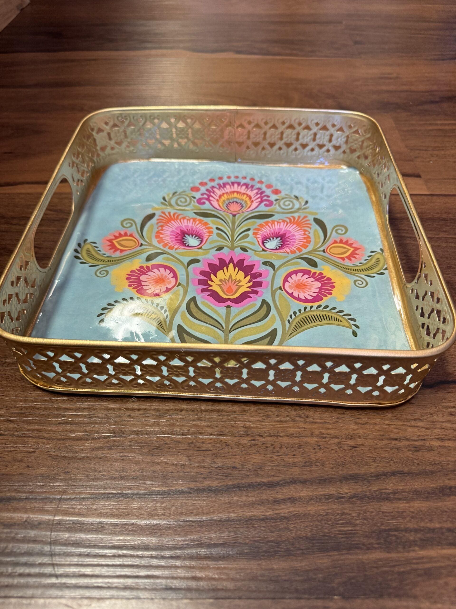 Square Meenakari Tray With Pichwai Art (10 inch)