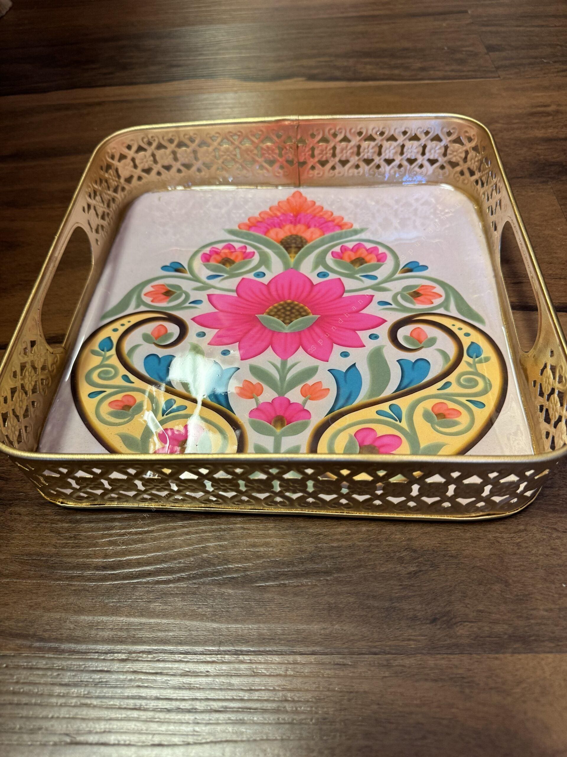 Square Meenakari Tray With Pichwai Art (10 inch)