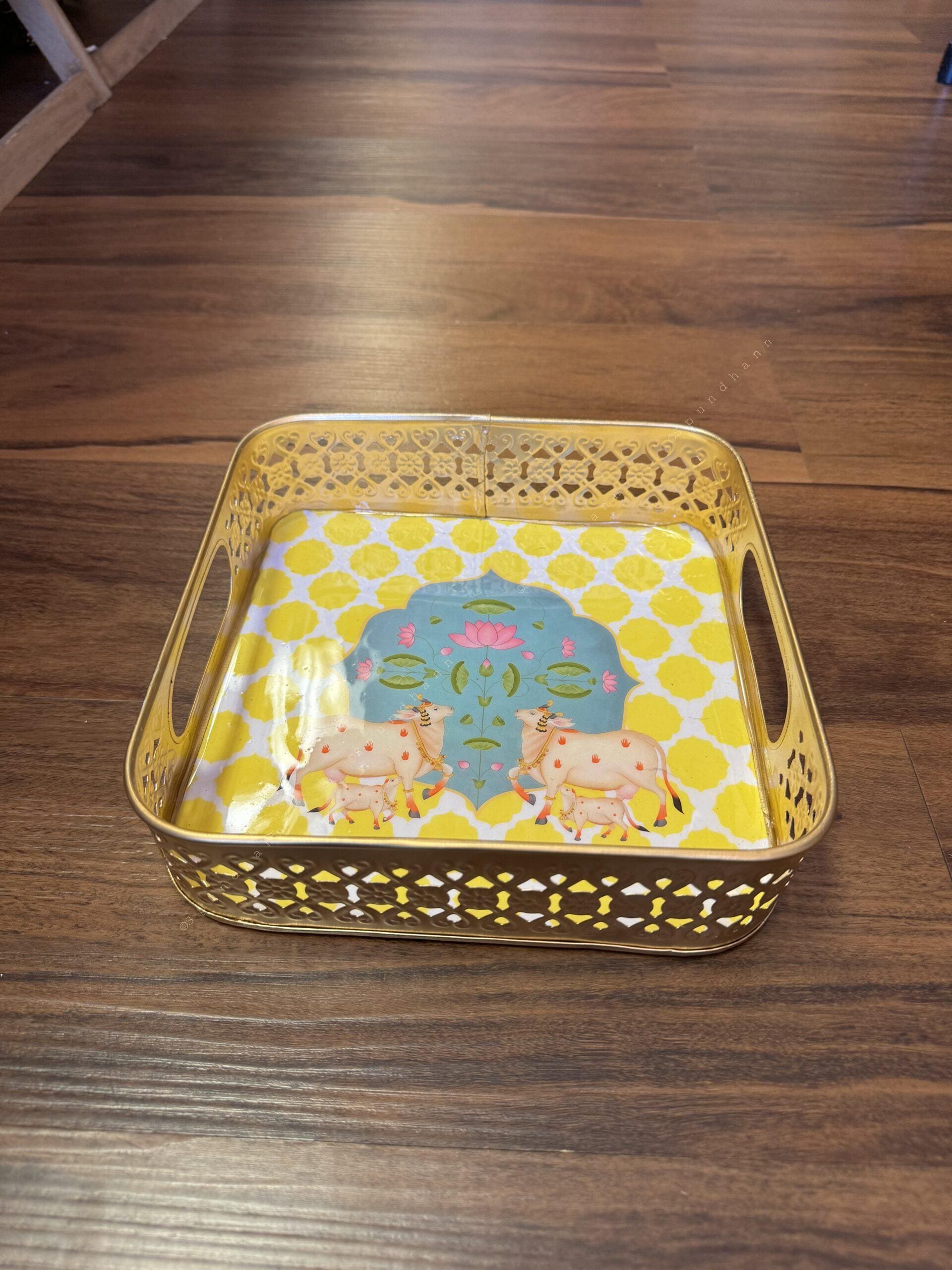 Square Meenakari Tray With Pichwai Art (8 inch)
