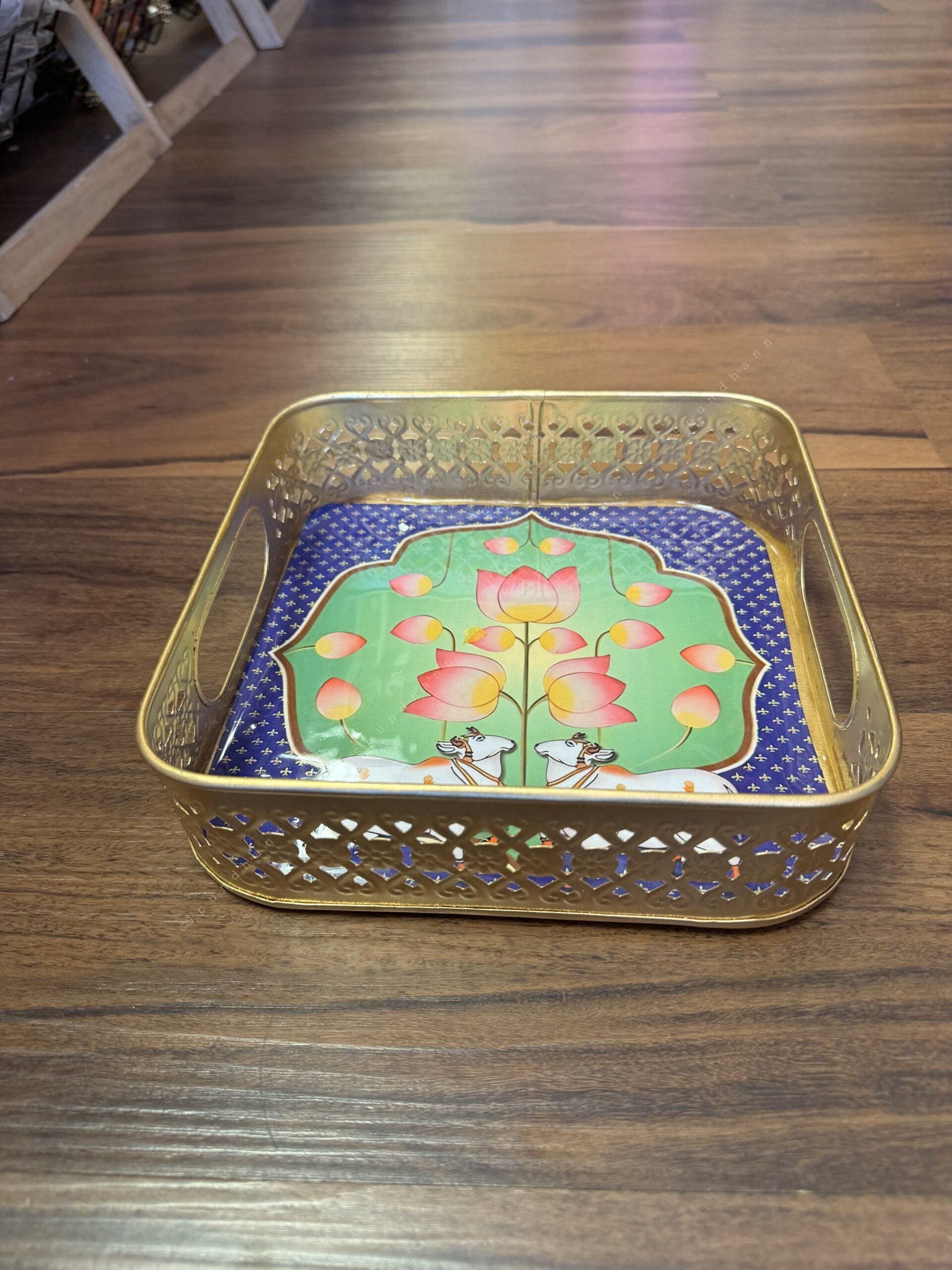 Square Meenakari Tray With Pichwai Art (8 inch)