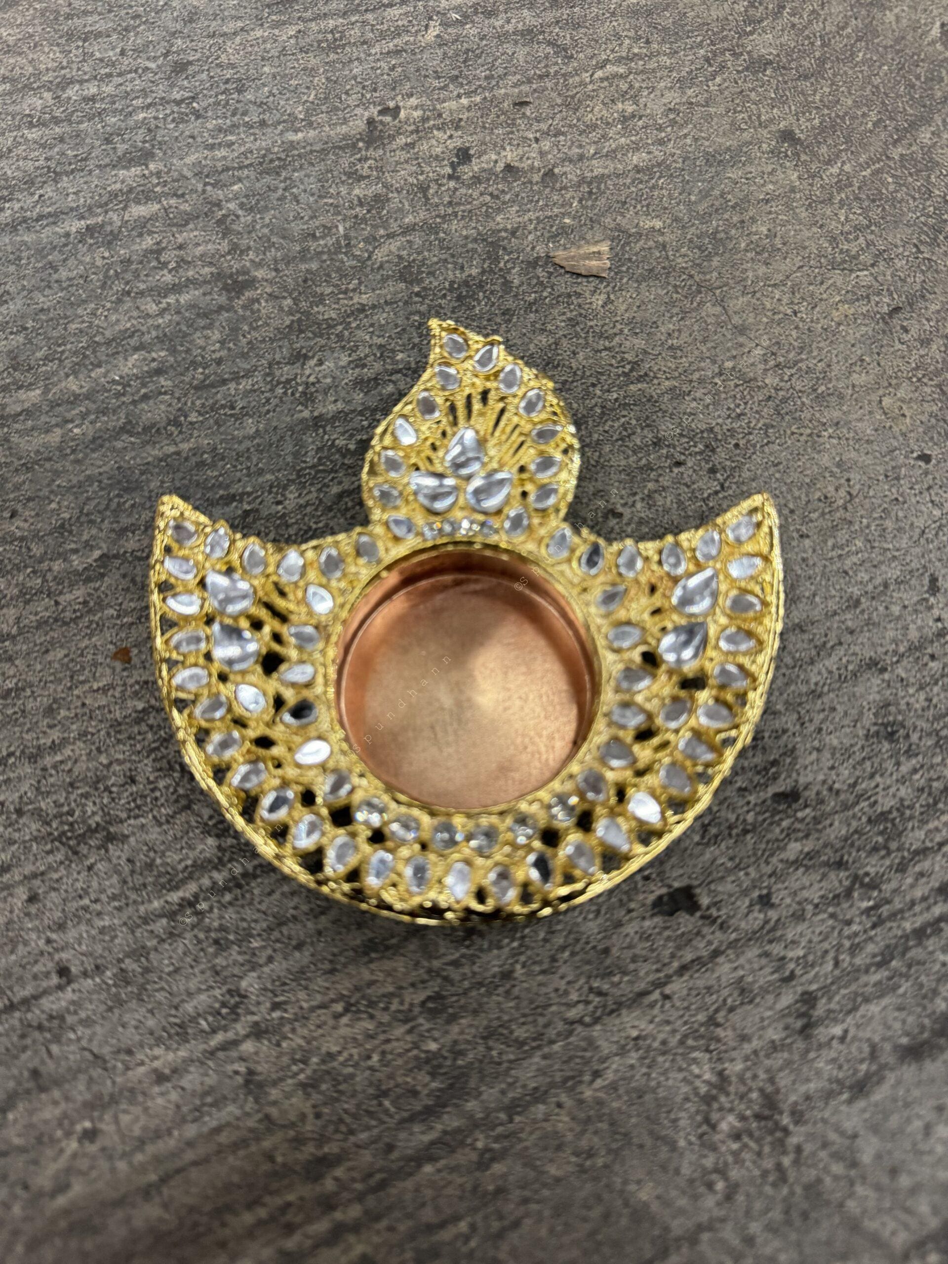 Diya Shape Tealight Holder With Mirror Work (Gold)