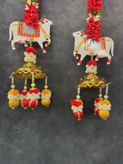 Chameli String With Cow, Bell and Pearl hanging Pair
