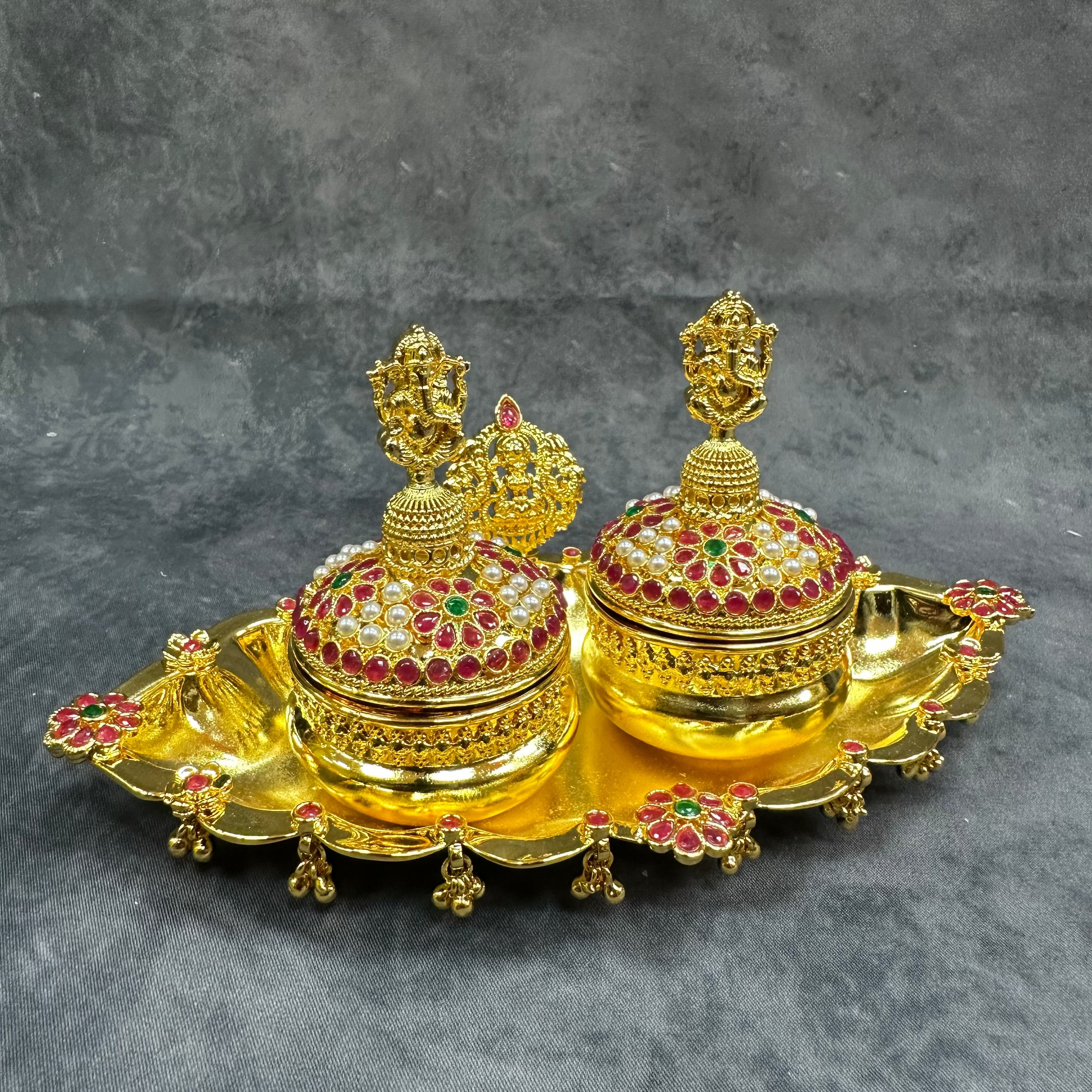 Gold Plated Kumkum Box Set with Tray