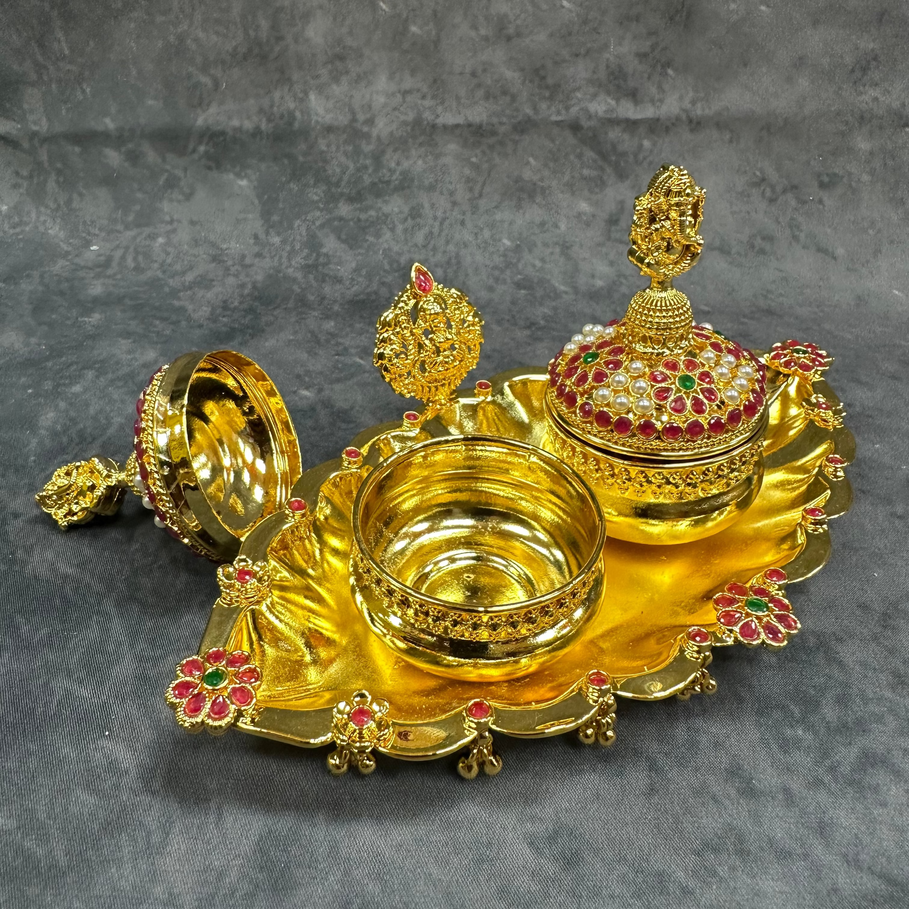 Gold Plated Kumkum Box Set with Tray