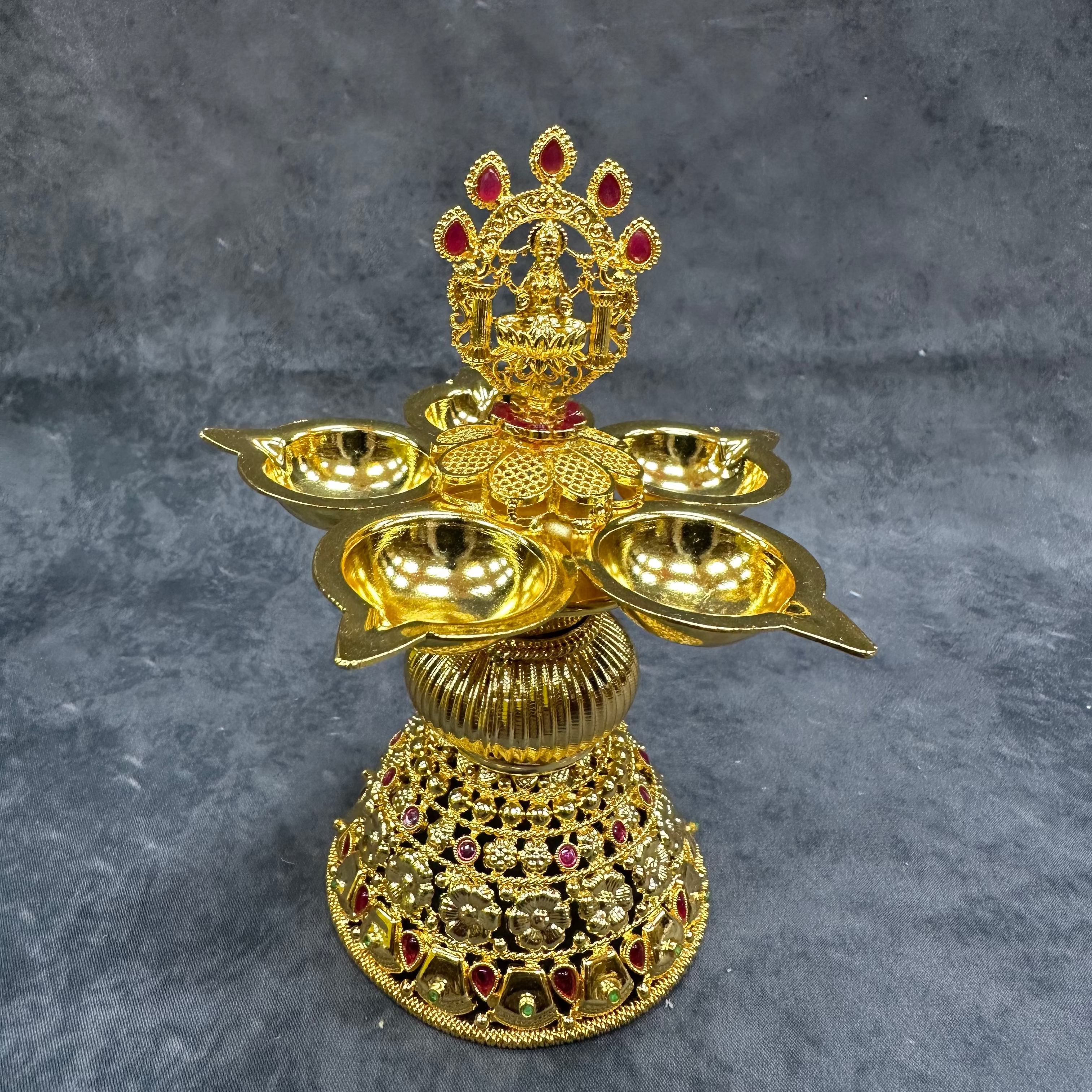 Gold Plated Lakshmi 5-Lamp Diya Stand