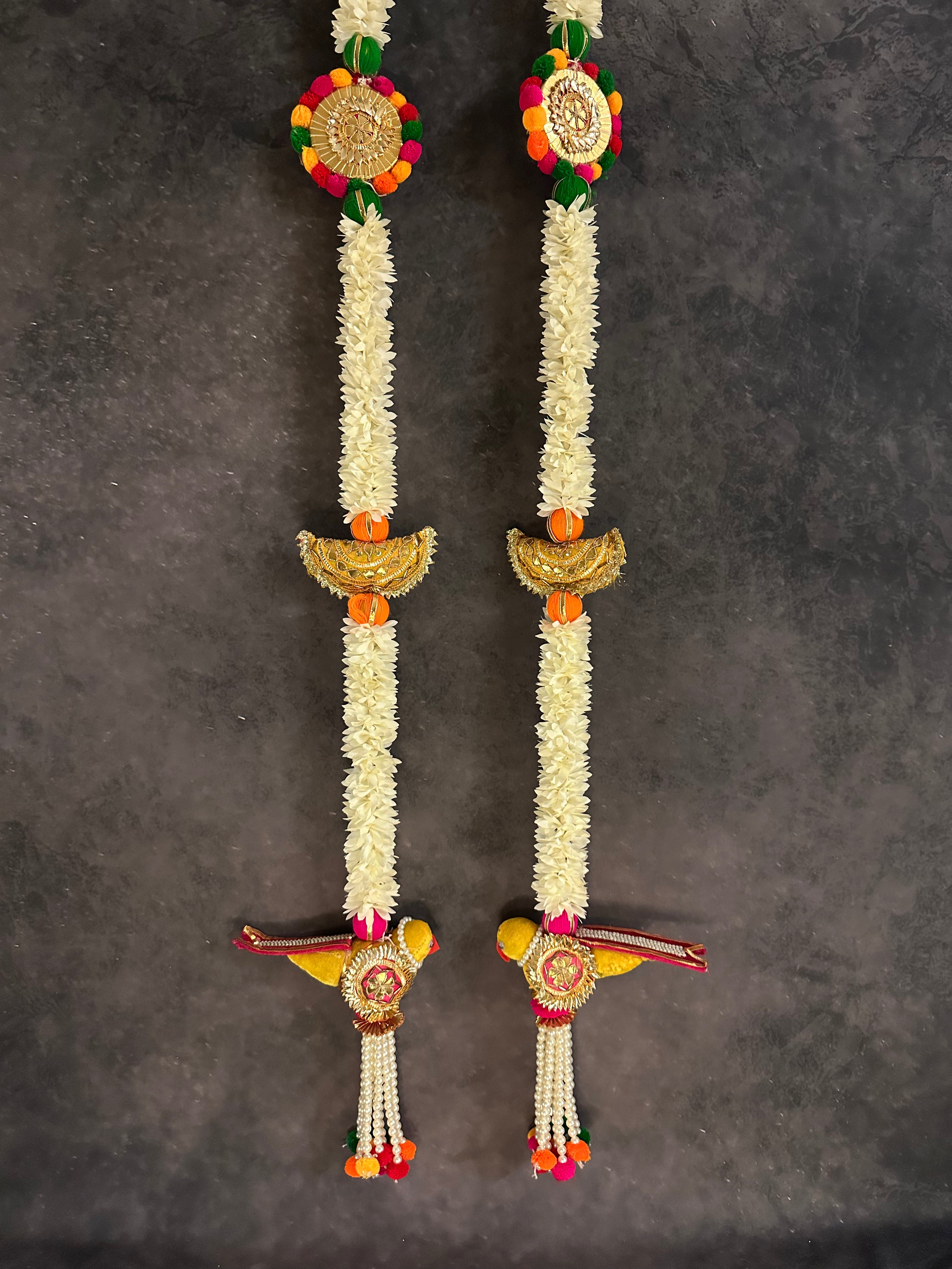 Mogra and Colorful Parrot Hanging Pair