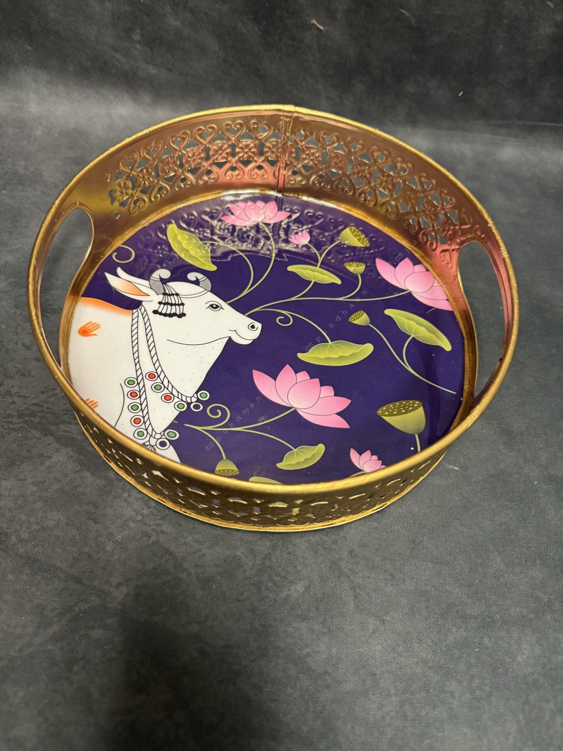 Circular Golden Tray With Pichwai Art Picture Set of 2