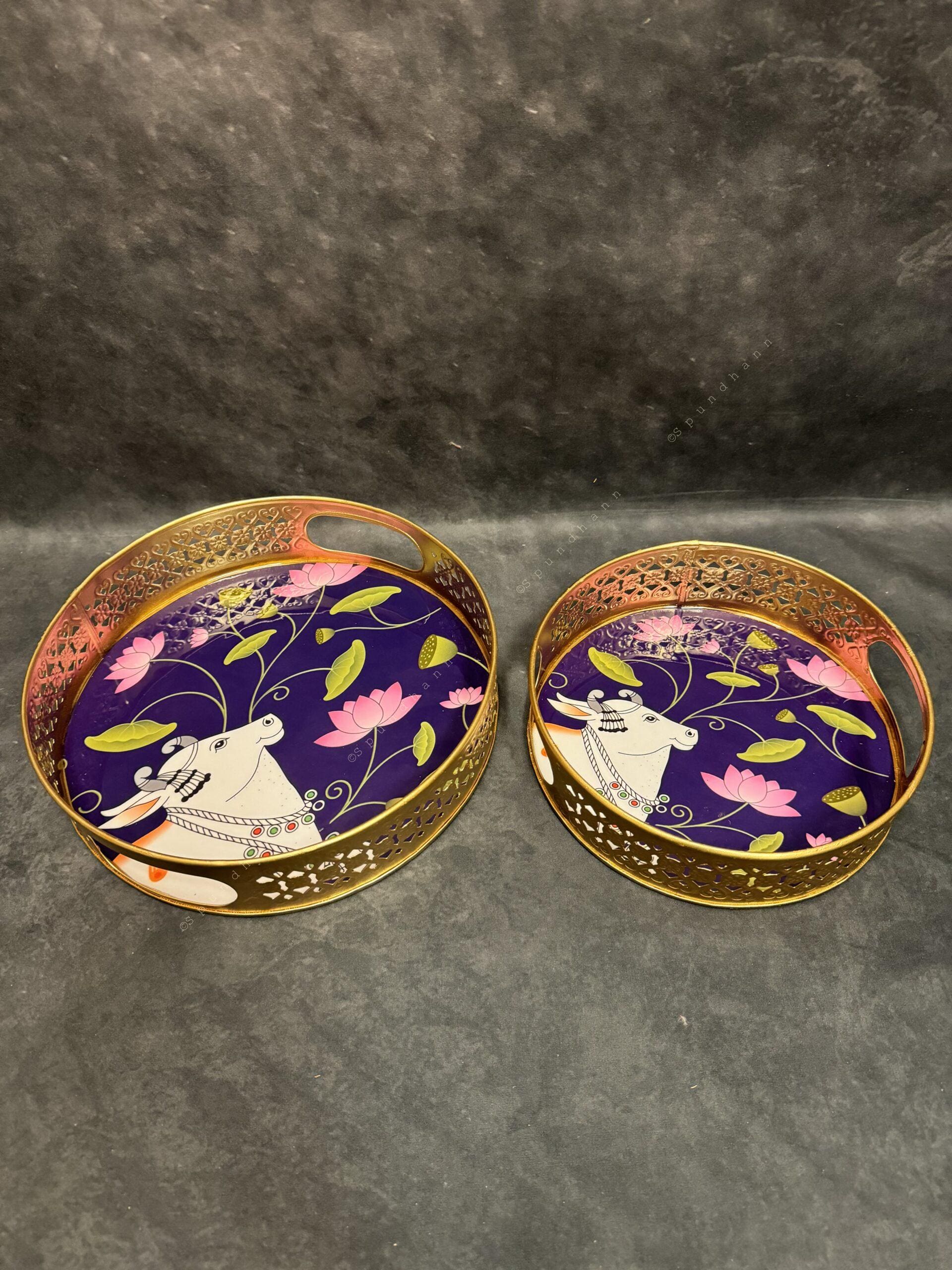 Circular Golden Tray With Pichwai Art Picture Set of 2