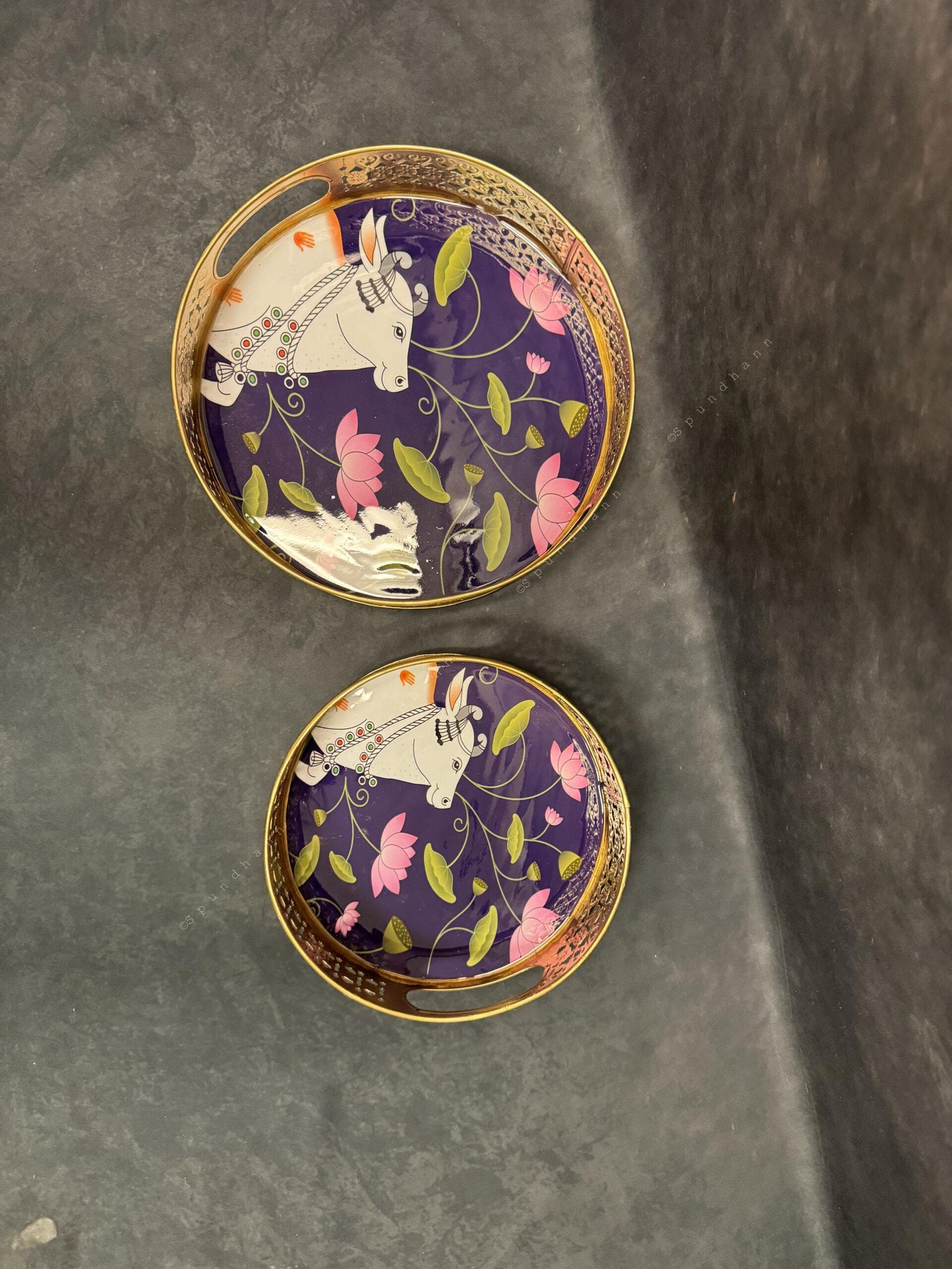 Circular Golden Tray With Pichwai Art Picture Set of 2