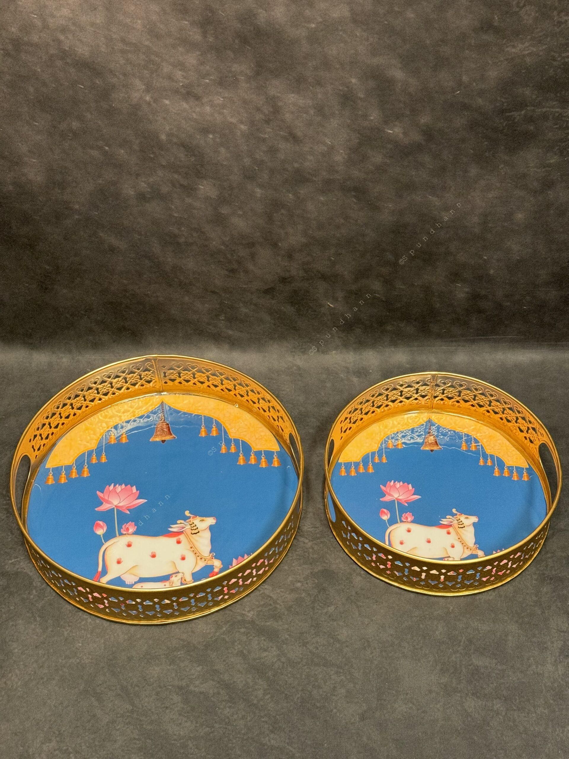 Circular Golden Tray With Pichwai Art Picture Set of 2